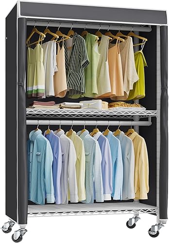 VIPEK V12C - Perchero de ropa resistente con cubierta para colgar ropa armarios portátiles con estantería ajustable de 3 alambres y doble barra