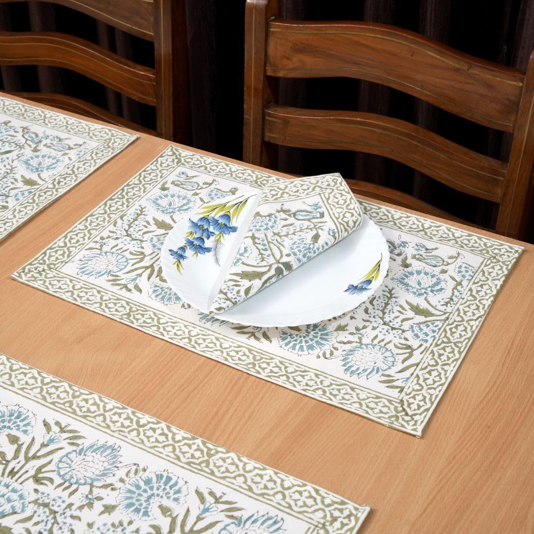 Manteles individuales de mesa de comedor con juegos de servilletas, algodón indio impreso a mano, lavables, para servir alimentos, juego de 6 manteles individuales (verde claro)