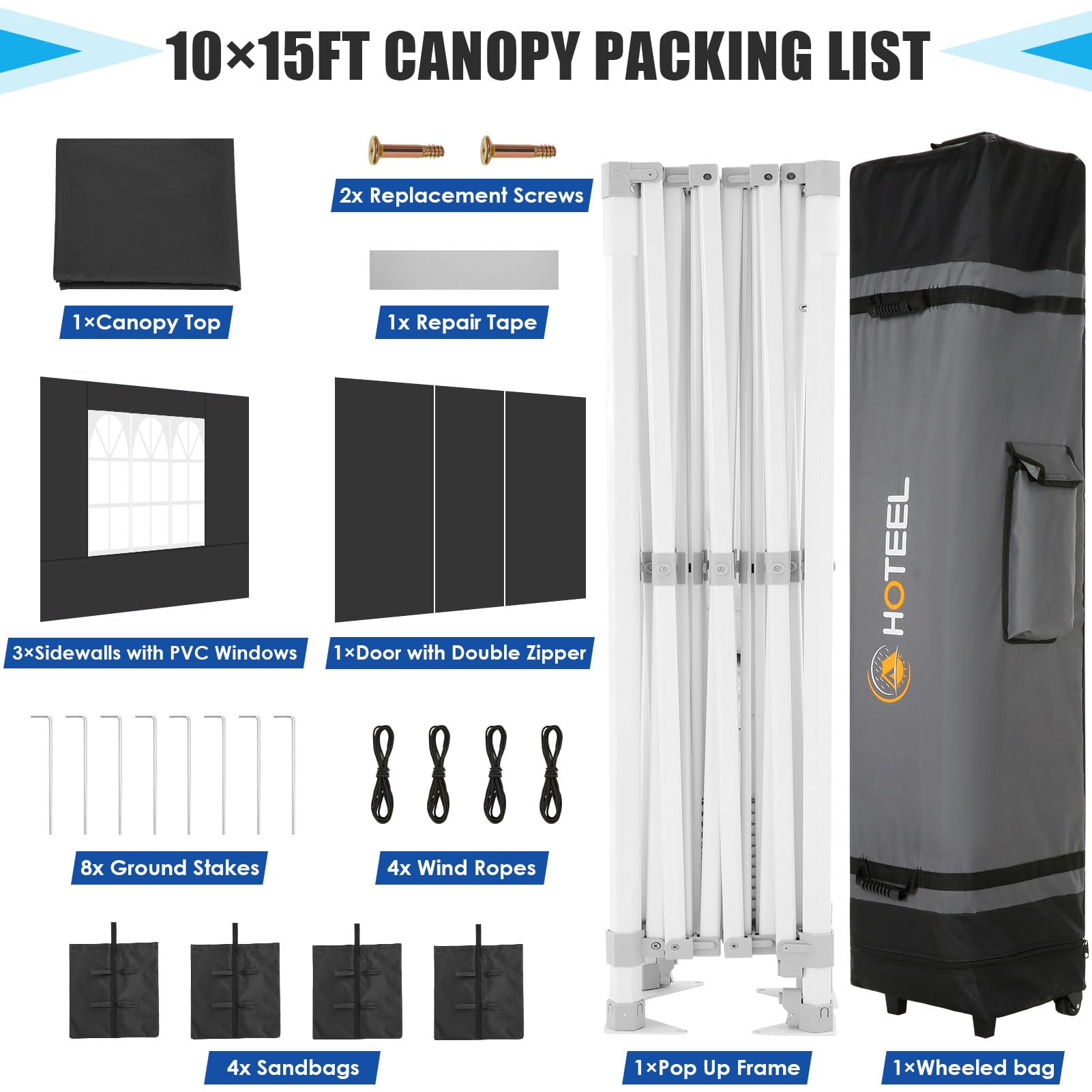 HOTEEL Pavillon 3x4,5m Wasserdicht, Verstärkte Sechskant-Beine, Schwarz | Pop-up Zelt mit wasserdichtem und UPF 50+-Stoff,tragbare Rollen-Tasche, Pavillon für Veranstaltungen/Gartenpartys/Marktplätze