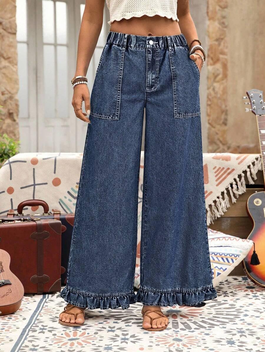 yoeasy Wide Leg Jeans for Women Elastic Waisted Baggy Jeans Trendy Casual Ruffle Hem Denim Pants with Pockets