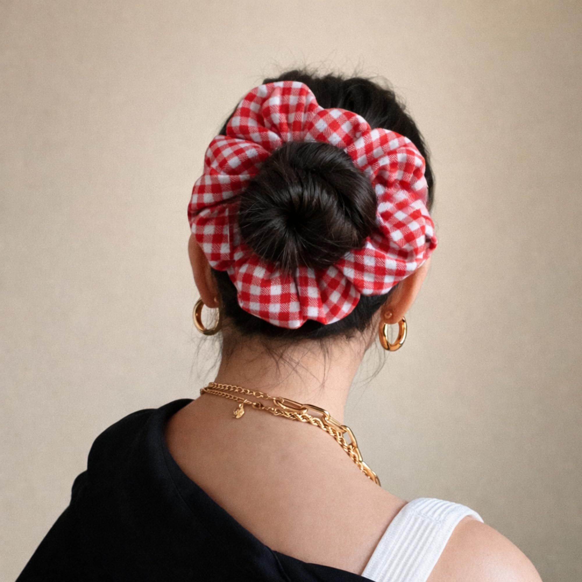 Red & White Checks Cotton Beautiful Hair Scrunchie For Girl Use for Collage & Casual Styling 2