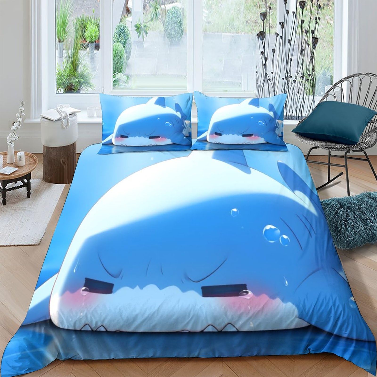Housses de couettes requin parure 3 pièces coton multicolore mignon avec taies d'oreillers 200x200cm