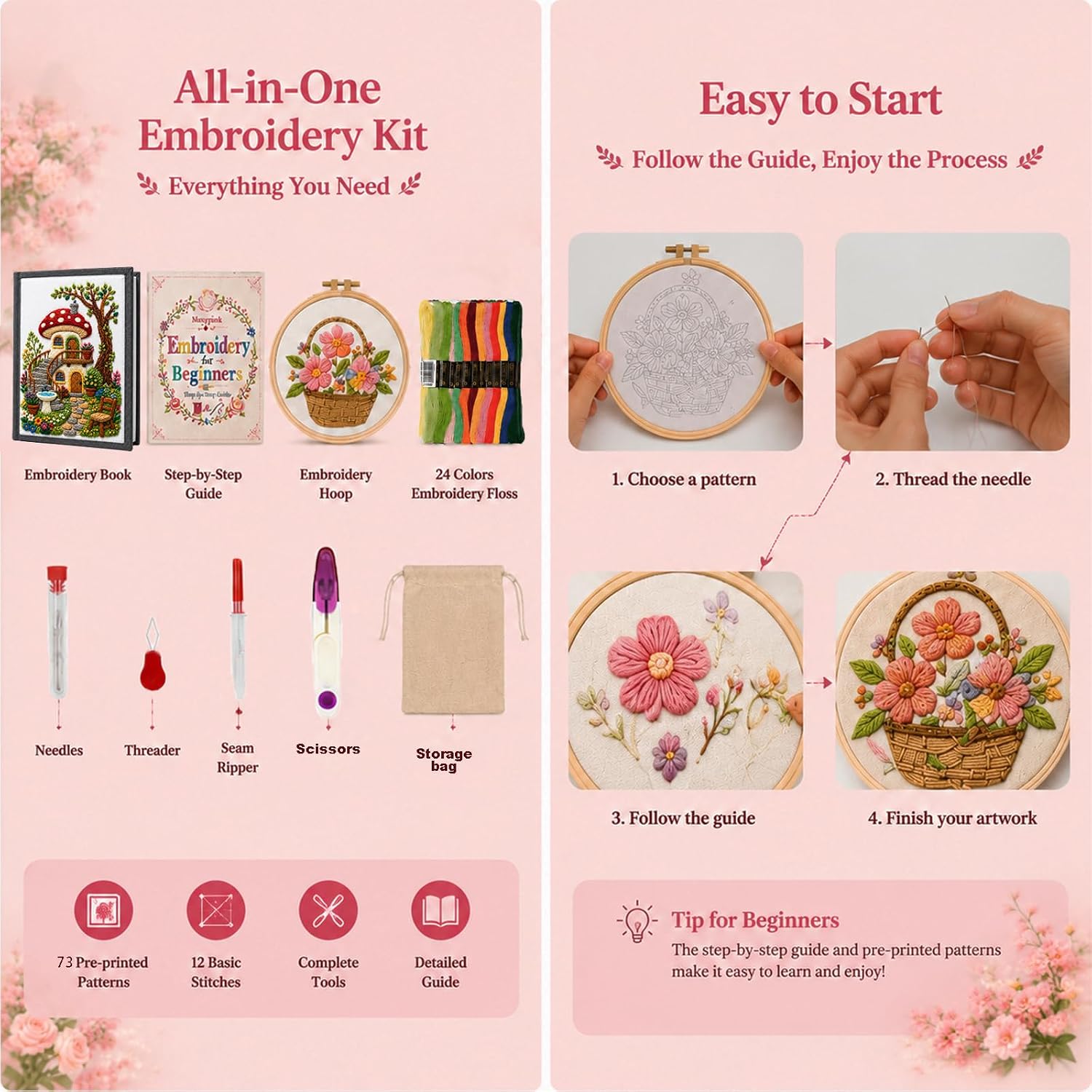 Msvphink Embroidery Stitch Book for Beginners, 73 Larger Patterns for Adults Seniors, Removable Pages, 24-Color Thread DIY Kit with Instructions