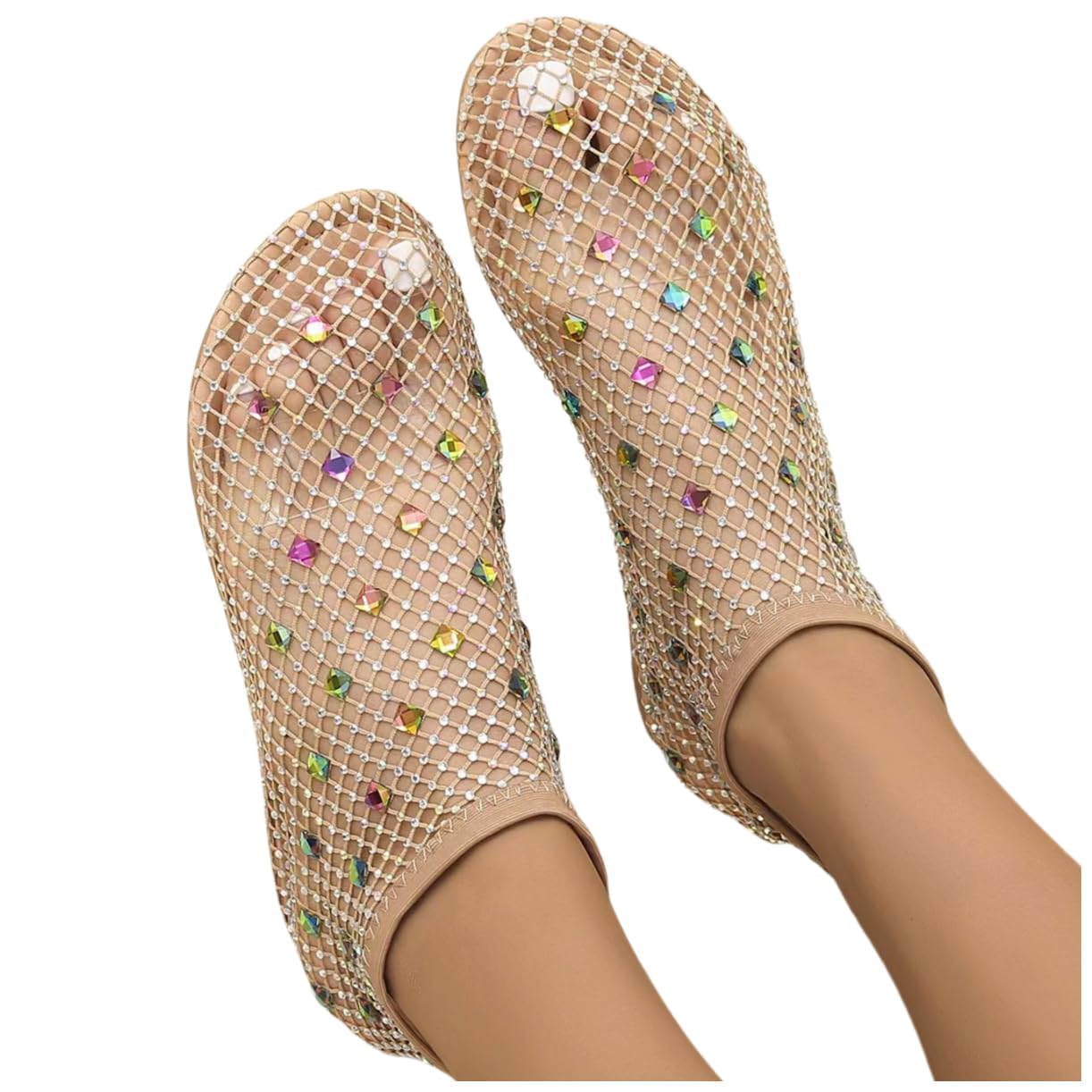 QIPILON Shiny Gem Mesh Flats for Women, Sandals Dressy Summer Slip On Shoes, Sexy Cutout Sparkly Casual Wedding Dress Flats