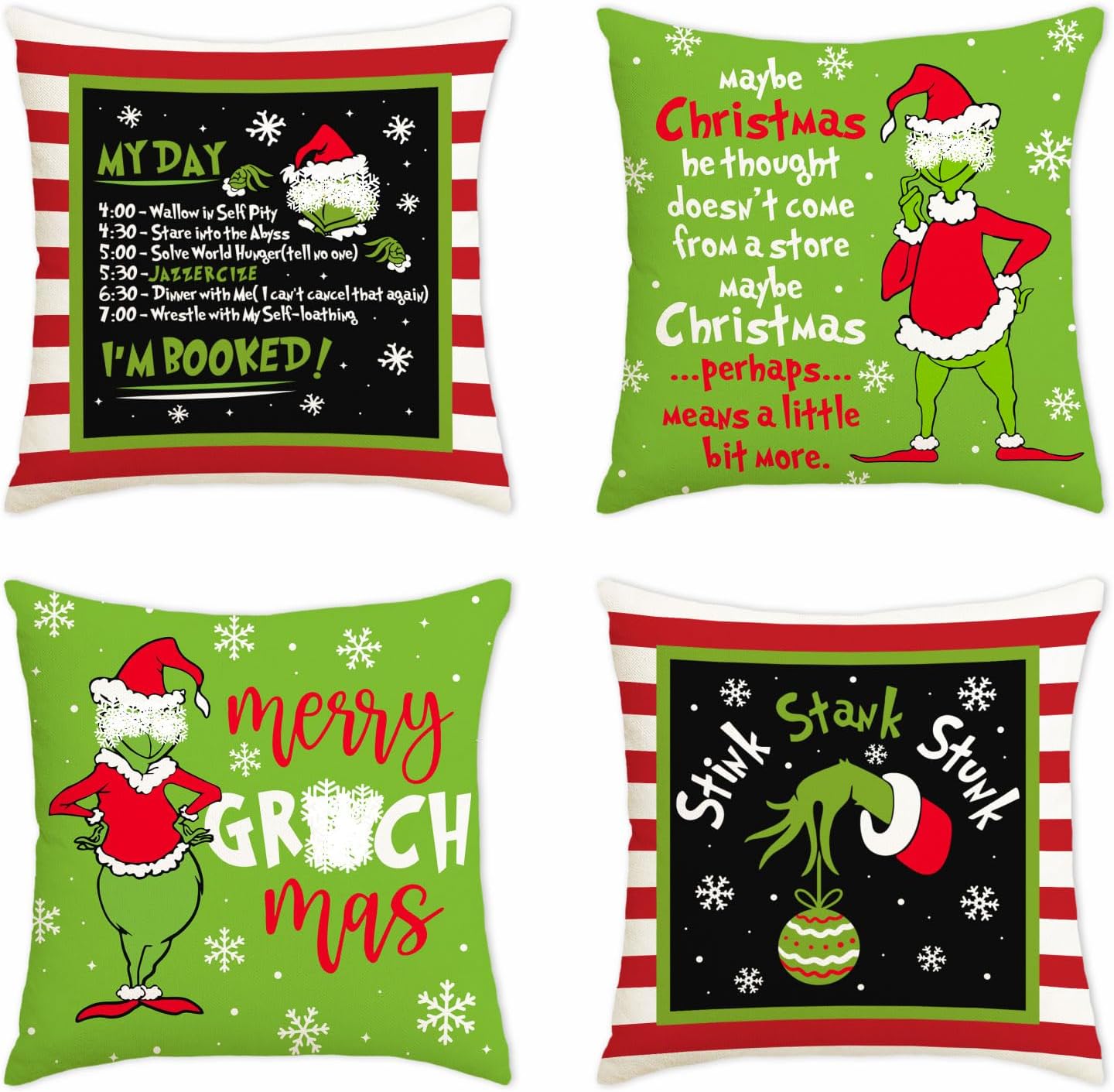 Funny Christmas Pillow Covers, 4 Pack 18x18 Holiday Throw Pillow Covers, Novelty Xmas Cushion Cases, Farmhouse Christmas Decorations for Home Bed Couch Sofa, White Elephant Gifts Stocking Stuffers