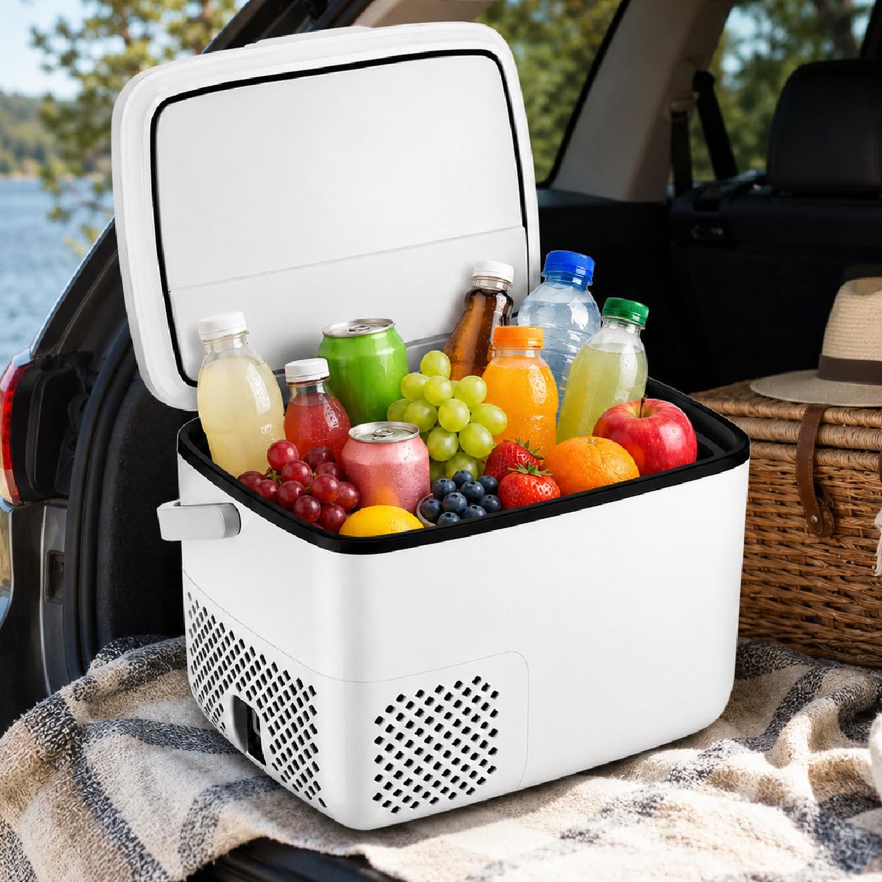 Sushangmao Portable Car Refrigerator 18L, Compact 12/24 Volt Electric Cooler with Compressor Cooling, Adjustable -4°F to 59°F, LED Digital Control, Foldable Handle, 12V/24V Car Fridge