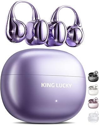 King Lucky Clip-On Earbuds Gen 3, Open-Ear Wireless Bluetooth 6.0 Headphones with Mic, Secure Fit for Small Ears & Glasses Wearers, 50H Playtime, ENC, IPX5 Waterproof Sport Ear Buds (Purple)
