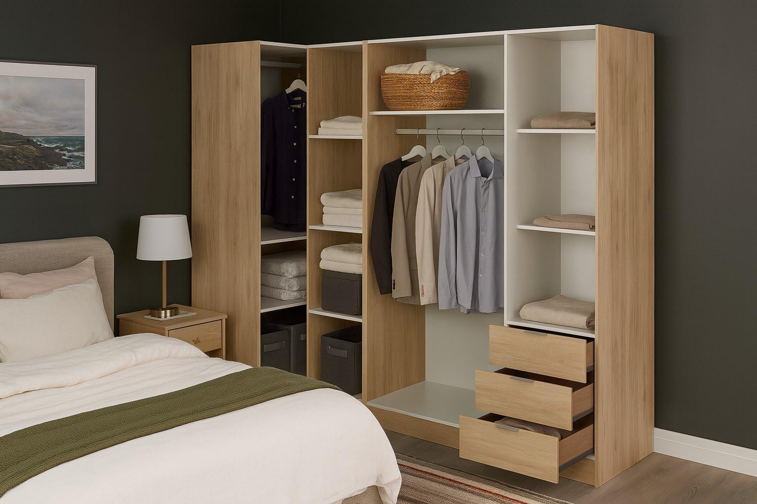 Dmora - Großer Kleiderschrank Succiso, Eckschrank für Schlafzimmer, Eckschrank mit 5 Flügeltüren, 214 x 91 x 184 cm, Eiche