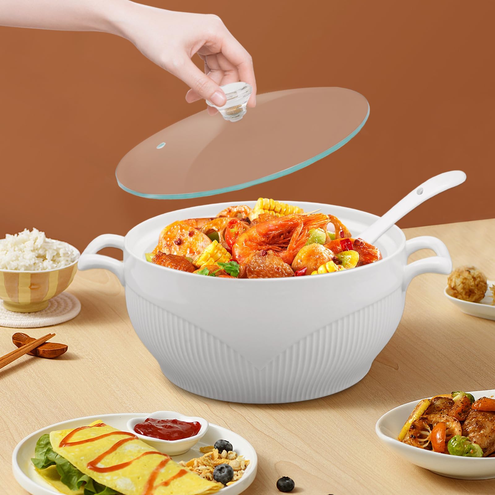 Suppenterrine aus Keramik, rund, aus weißem Porzellan, Auflaufform, Servierschüssel, dekoratives Geschirr für Suppe, Müsli, Eintopf, Chill, Miso-Suppe