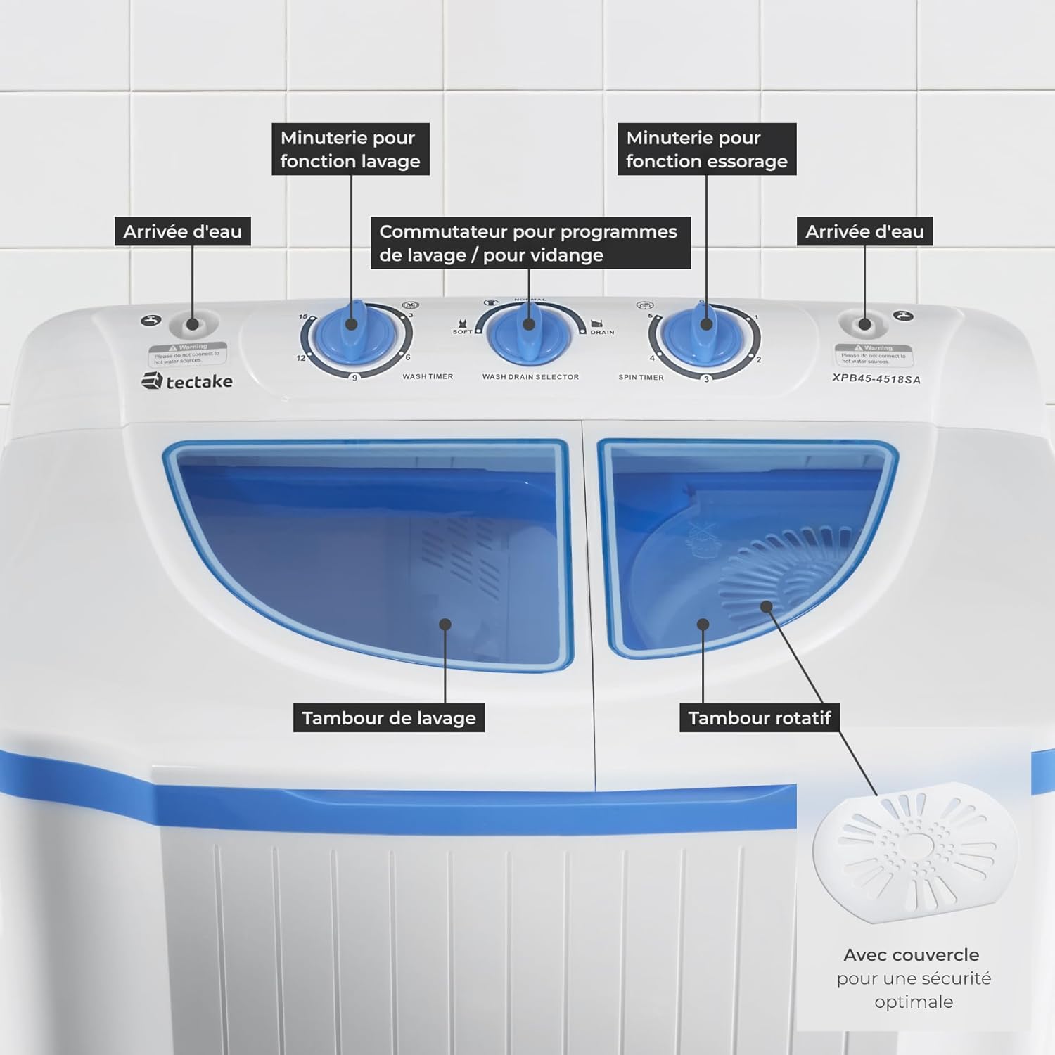 Control Panel and Internal View of tectake Mini Washing Machine