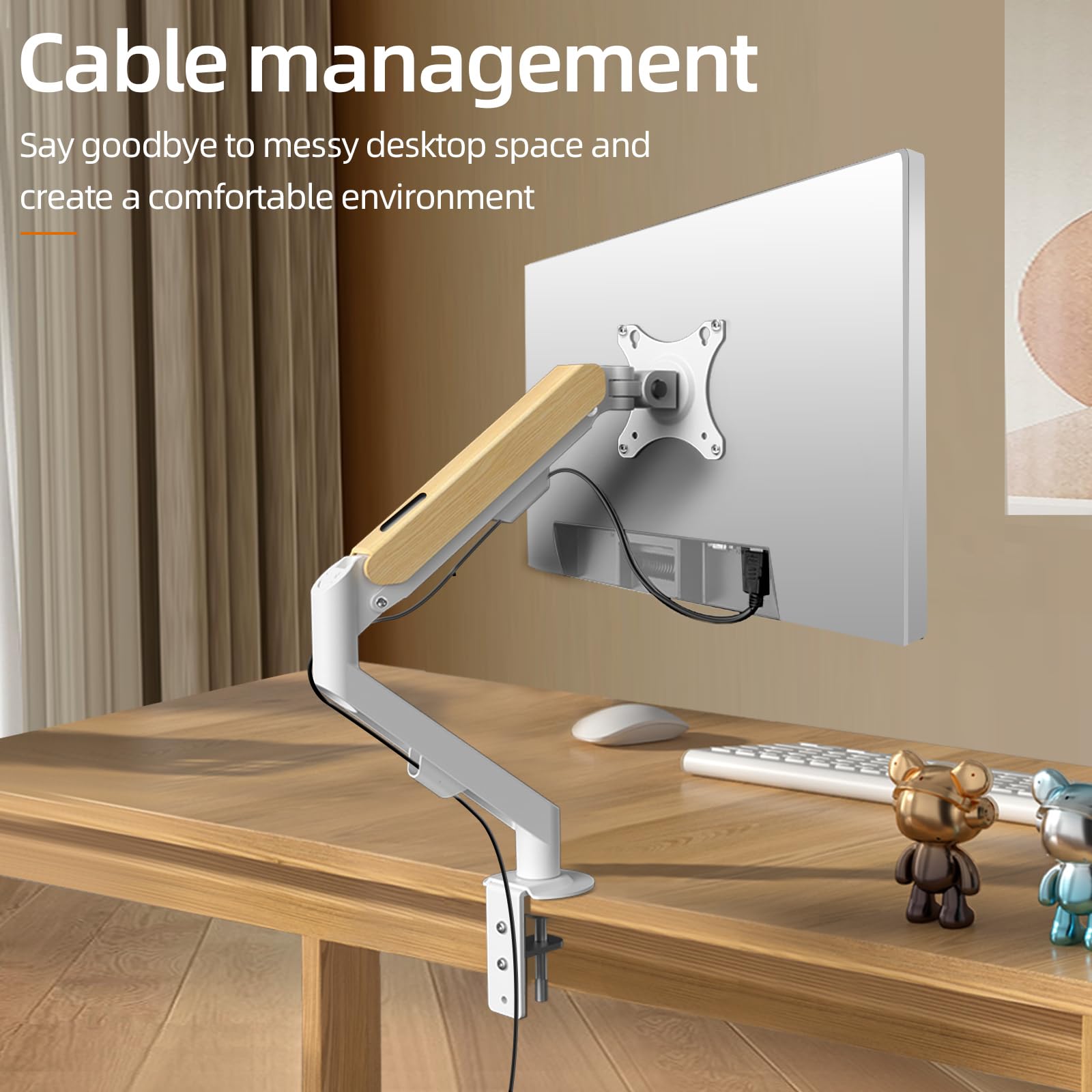 Supporto per monitor in legno bianco per schermi da 17-34 pollici, 1 monitor, regolabile in altezza con inclinazione, orientabile, supporto per schermo da 2-9 kg, VESA 75 e 100 mm, M5W-M