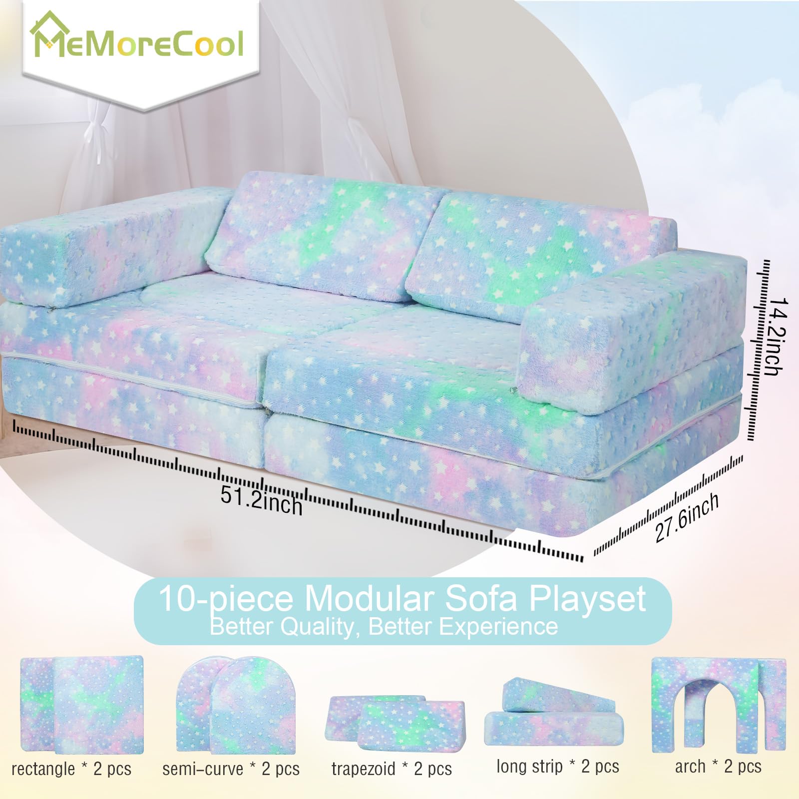 MeMoreCool Modular Kids Play Couch, 10-Piece Folding Toddler Sofa for Playroom & Bedroom, Convertible Kids Furniture Play Mat (Glow Colorful Star)