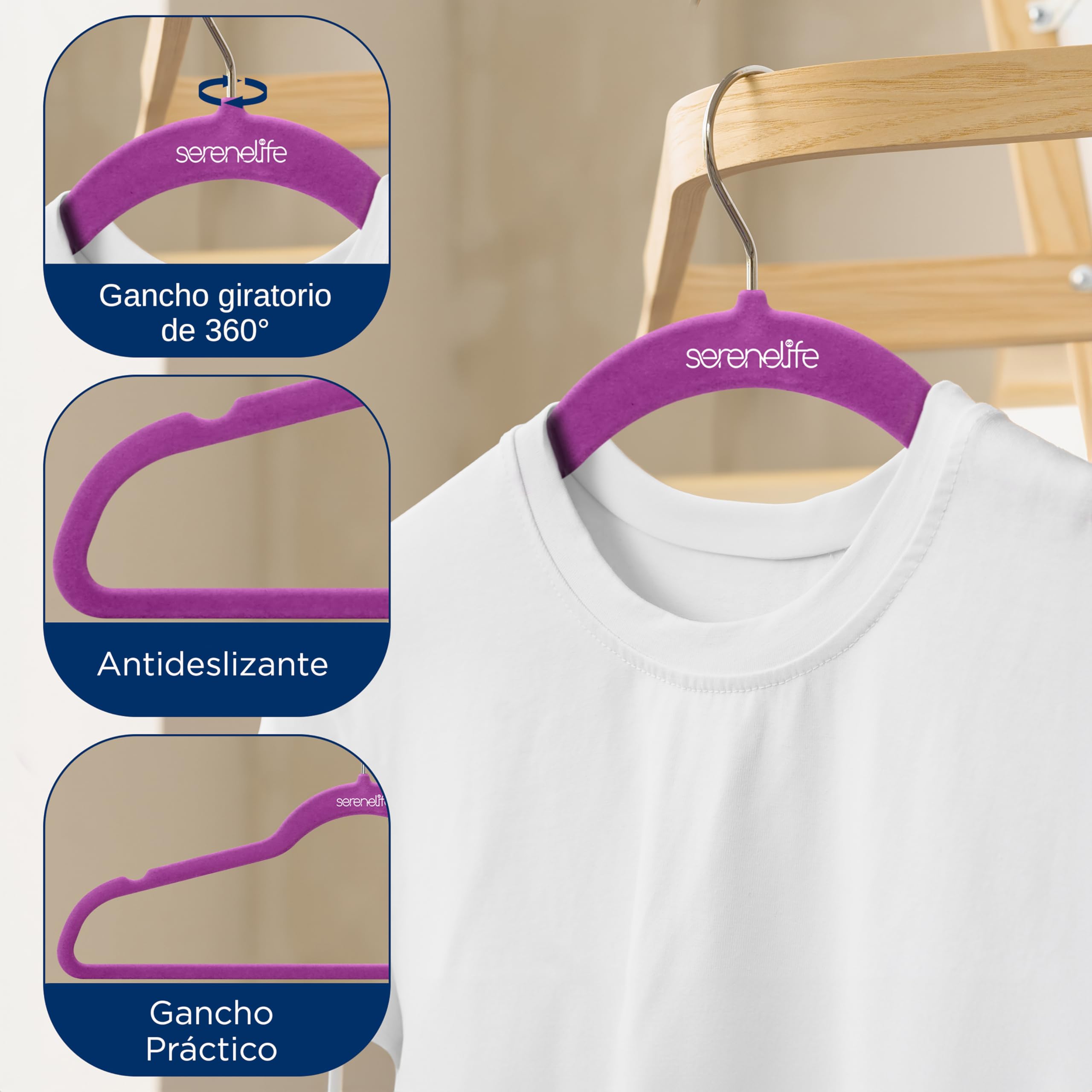 SereneLife Perchas, Ropa, de Terciopelo, Antideslizantes, Finas y Suaves. 50 Piezas, con Gancho Giratorio de 360°