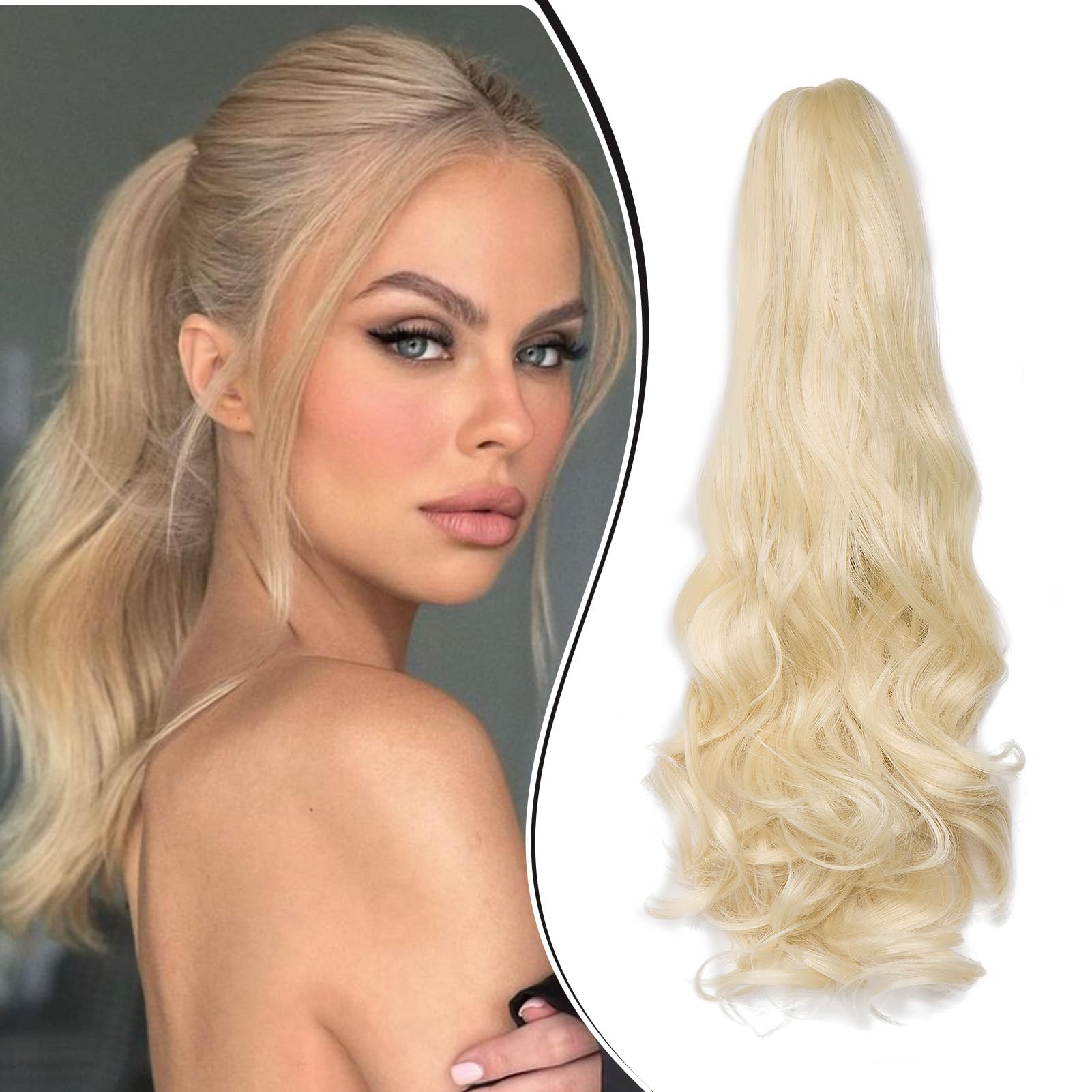 Dcbaboo Ponytail Extension Curly 18inch Claw Clip in Ponytail Hair Extensions Long Wavy Synthetic Pony tails Natural Wave One Piece Hairpiece Fake Ponytail for Women Bleach Blonde