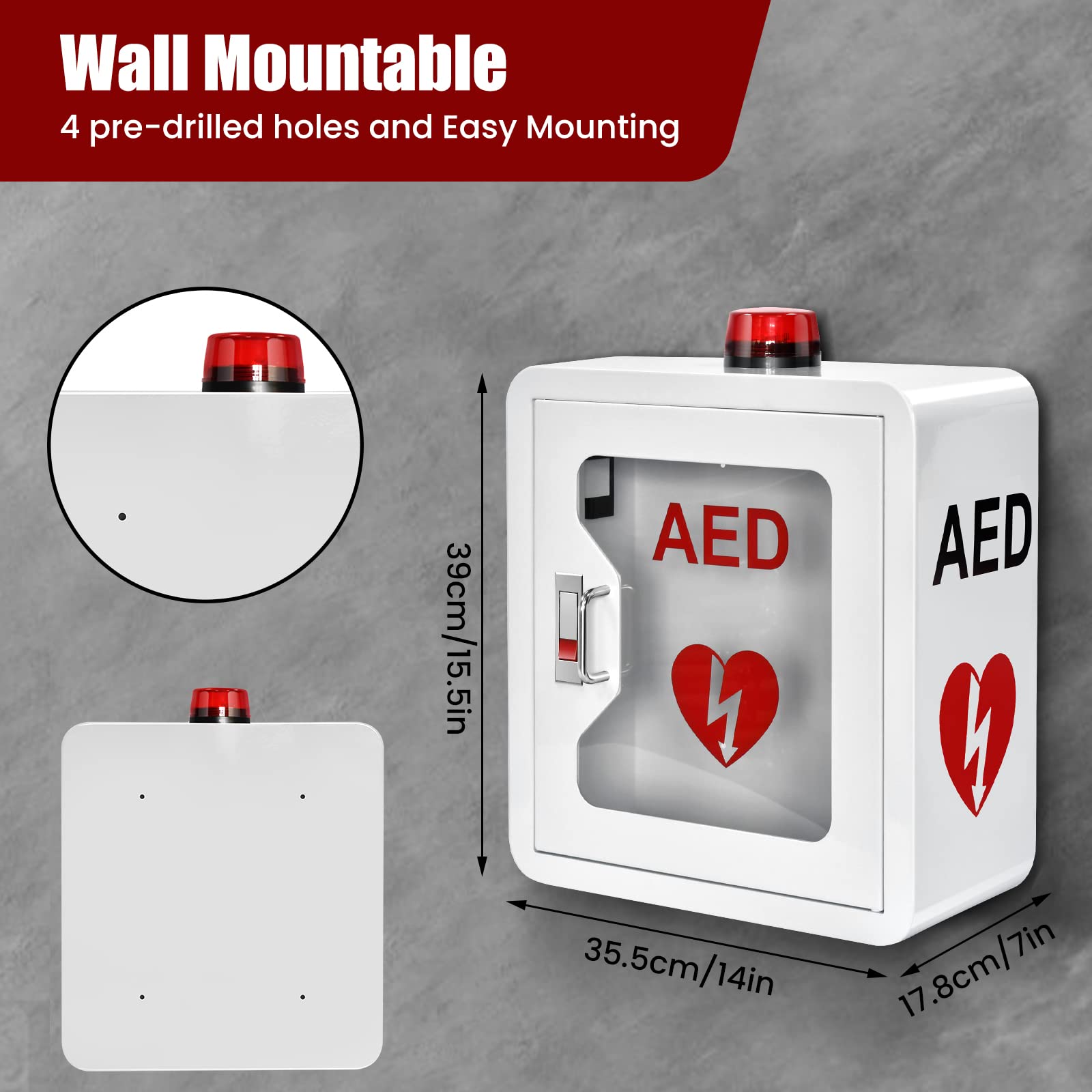 CMXIKJ AED Cabinet Stainless Steel, Wall Mount Storage Cabinet with Alarm Emergency Strobe Light, Door-Activated Alarm & Snap Lock, fits All Brands AED Defibrillators, 14 x 7 x 15.5 Inch