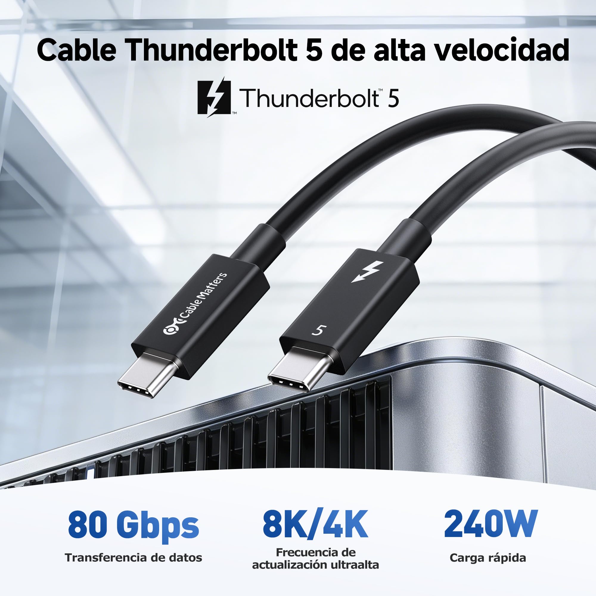 Cable Matters [certificado por Intel] 80Gbps Thunderbolt 5 Cable con aumento de ancho de banda de hasta 120Gbps y carga de 240W en negro - 1m, compatible con Thunderbolt 4, USB 4 y USB-C