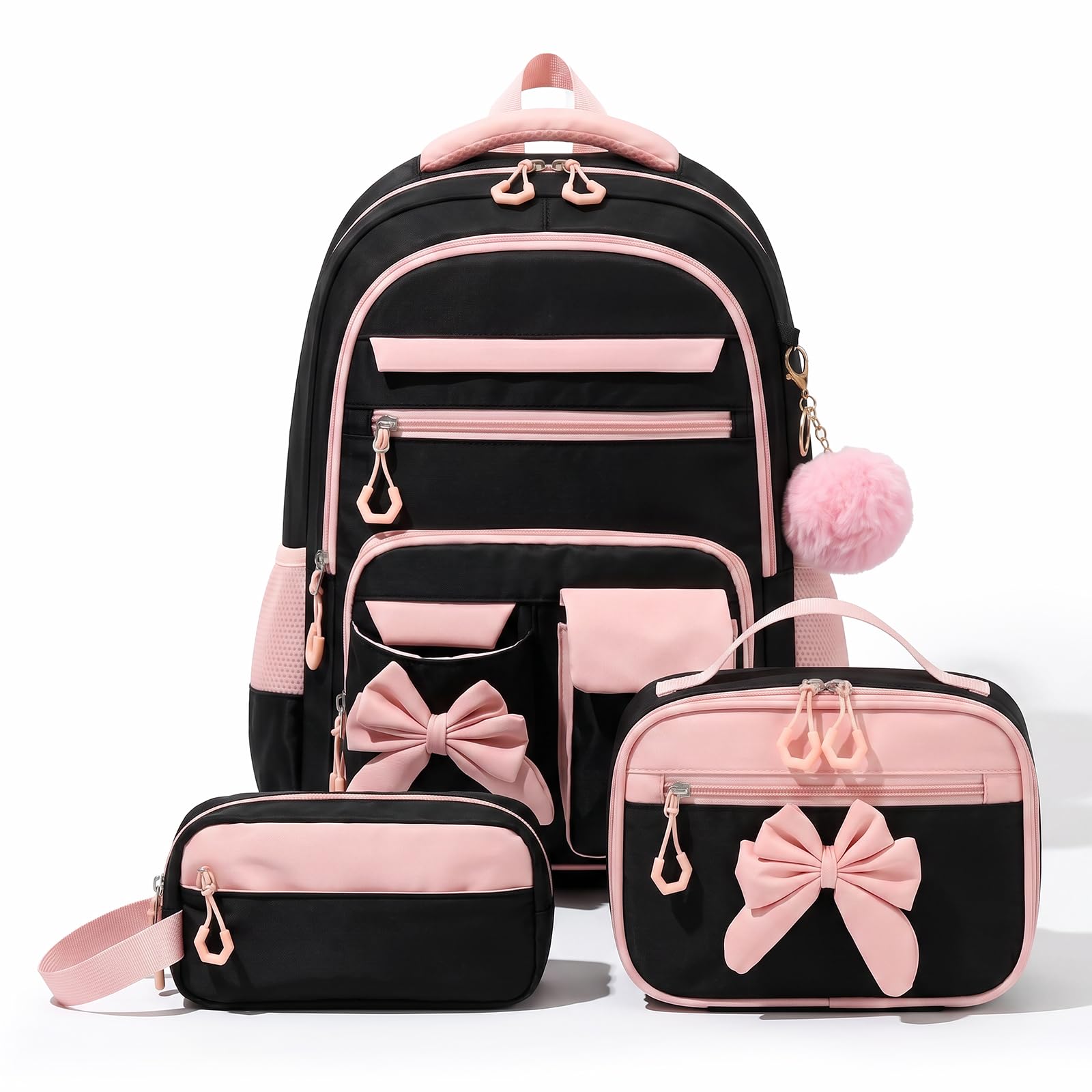 Amythe Sac à Dos Fille Primaire 3 Pièce, Ensemble Cartable Enfant Scolaire avec Sacs à Déjeuner et Trousse Crayon, Sac Ecole pour Fille 8 à 15 ans, Noir