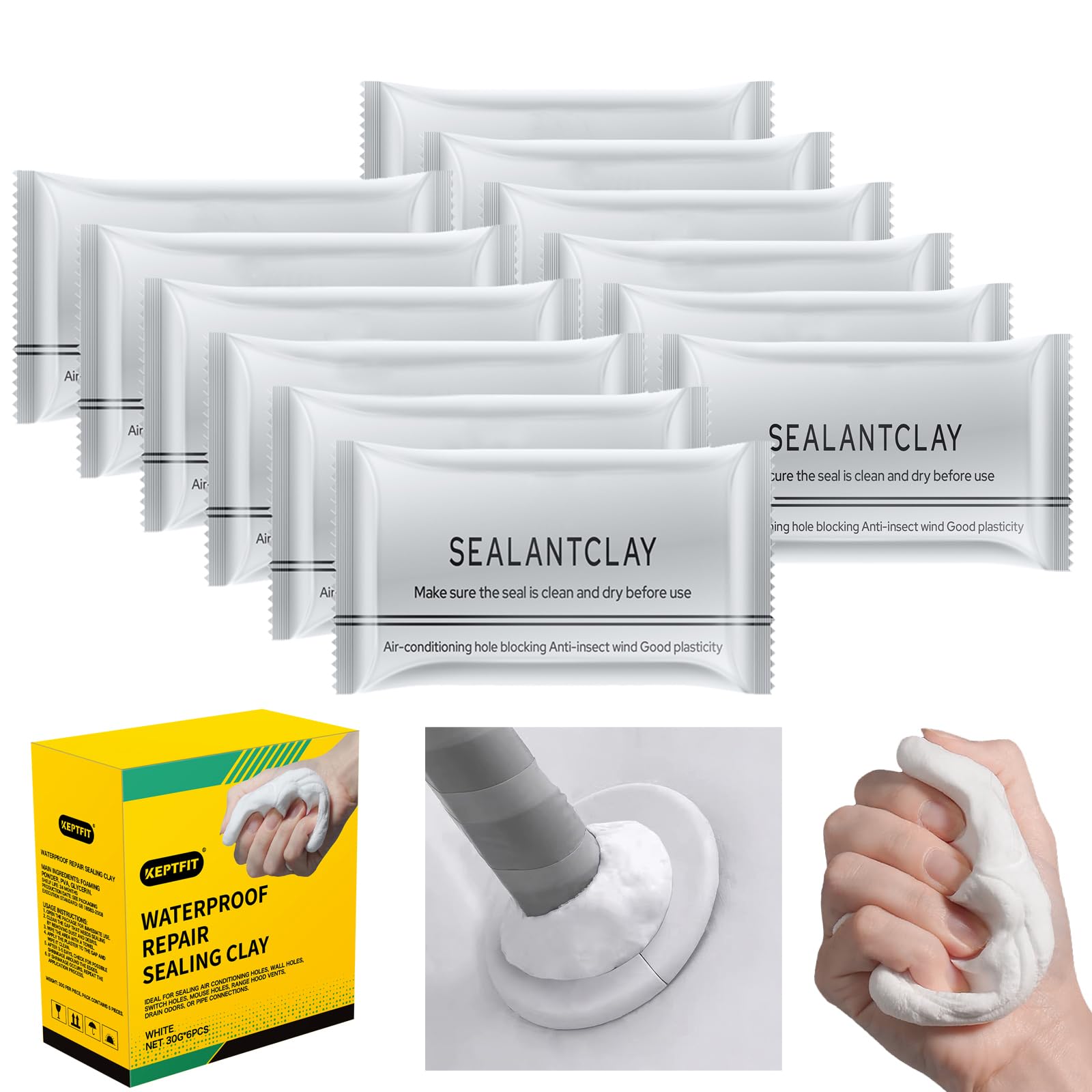 12-Pack White Waterproof Sealant Mastic,Repair Sealing Clay, Quick Mending Mud for Drain Connection, Versatile Repair Solution for Wall, Sink, Vent, Waterproof Seal Putty