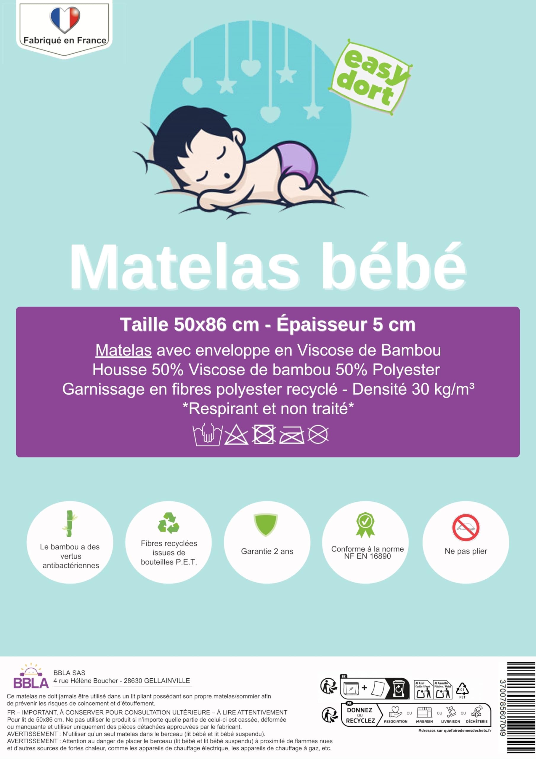 Easy Dort Materac dziecięcy 50x86 cm | Kołyska lub łóżeczko dziecięce | Wyprodukowano we Francji | Lato i zima | Dwustronny | Bardzo wygodny | Pokrowiec bambusowy | Oeko tex® | Biały |