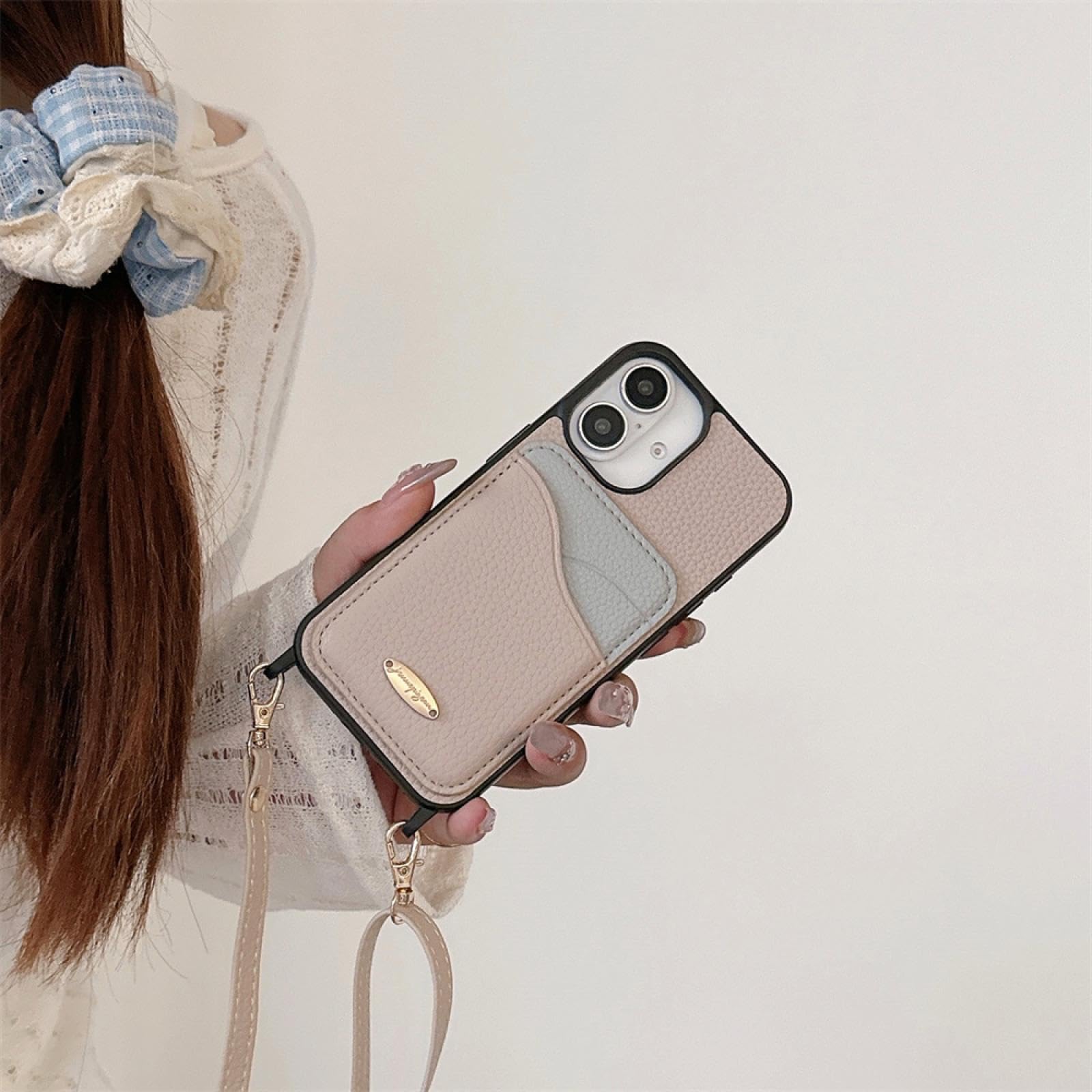 Custodia protettiva in pelle con cordino a tracolla per iPhone 13, con scomparti per carte di credito (per iPhone 13/cachi)