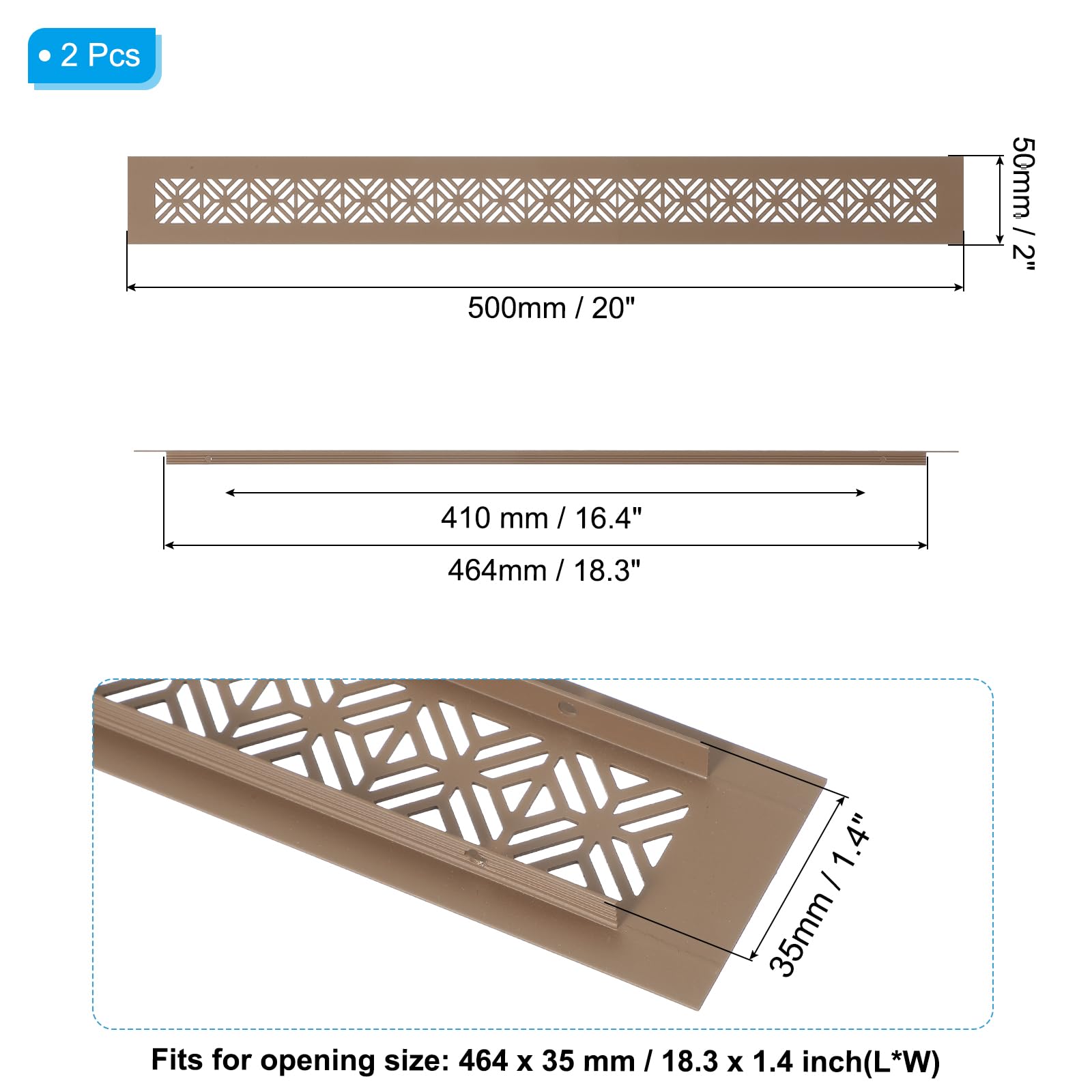 PATIKIL 2 Pcs 20 X 2 Inch Cubierta De Rejilla De Aire Para Puerta Marrón | Rejilla De Ventilación De Aluminio Resistente, Con Tornillos De Montaje, Para Puerta De Armario O Gabinete