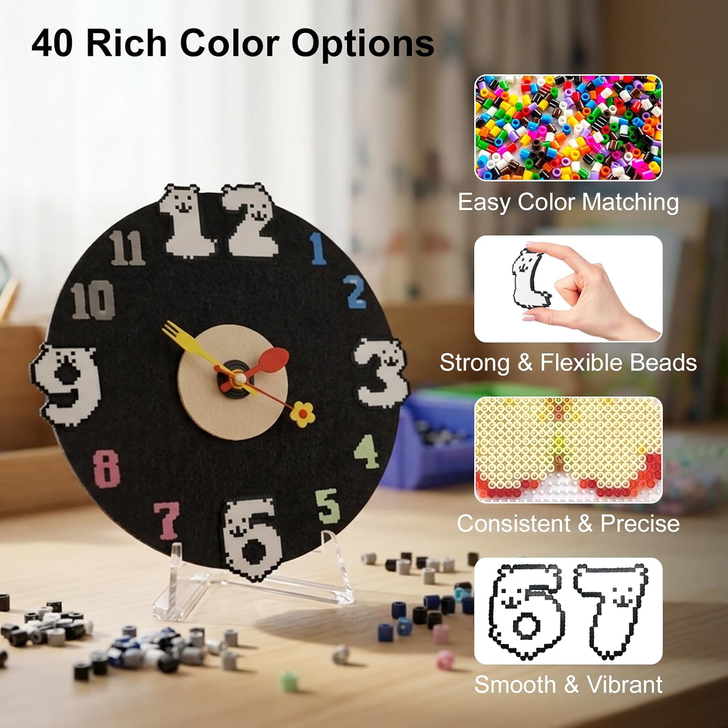 TKTKPOOW Fuse Beads DIY Clock Kit, 24 Colors Beads, Mini Ironing Machine & Bead Pen Tool, 2000 Bonus Black & White Beads