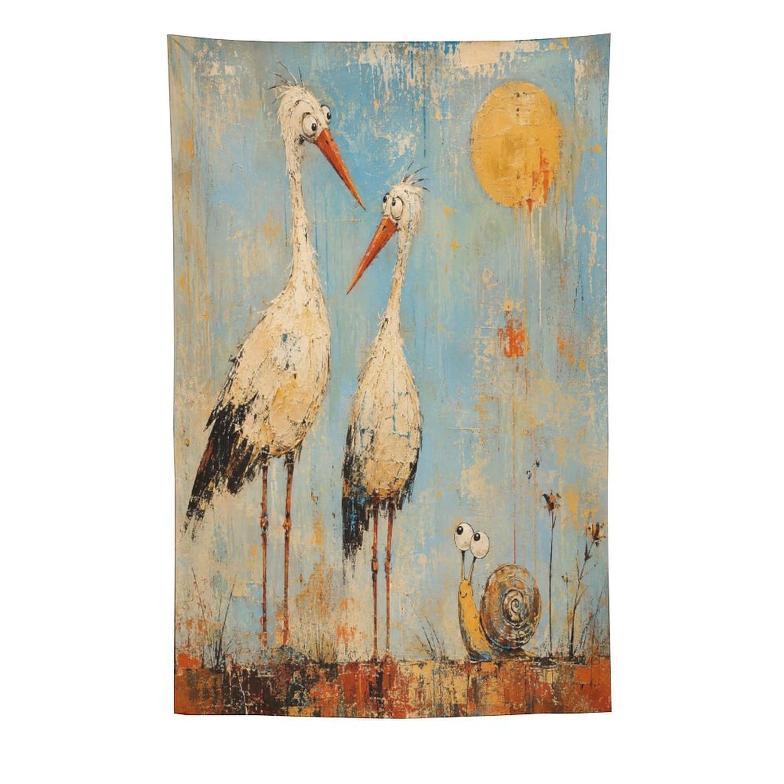 W7C8U2X3 Storks with Snail Wall Tapestry, Folk Art Style, Room Divider