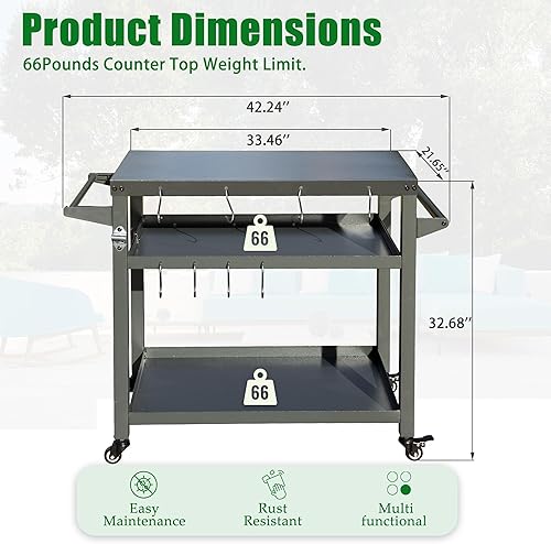 Miniatura 3 de Domi - Carrito de 3 estantes para parrilla al aire libre con ruedas, mesa para horno de pizza y mesa de preparación de alimentos, mesa de acero