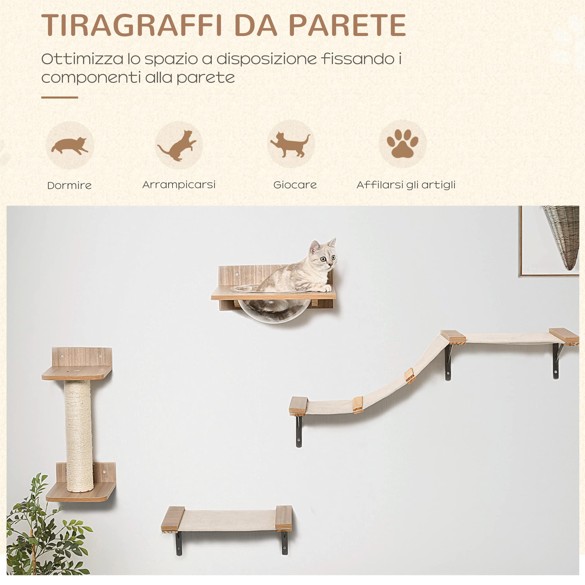 PawHut Tiragraffi per Gatti da Parete Set 4 Pezzi con Amache, Tiragraffi a Colonna e Passerella in Legno e Sisal, Marrone