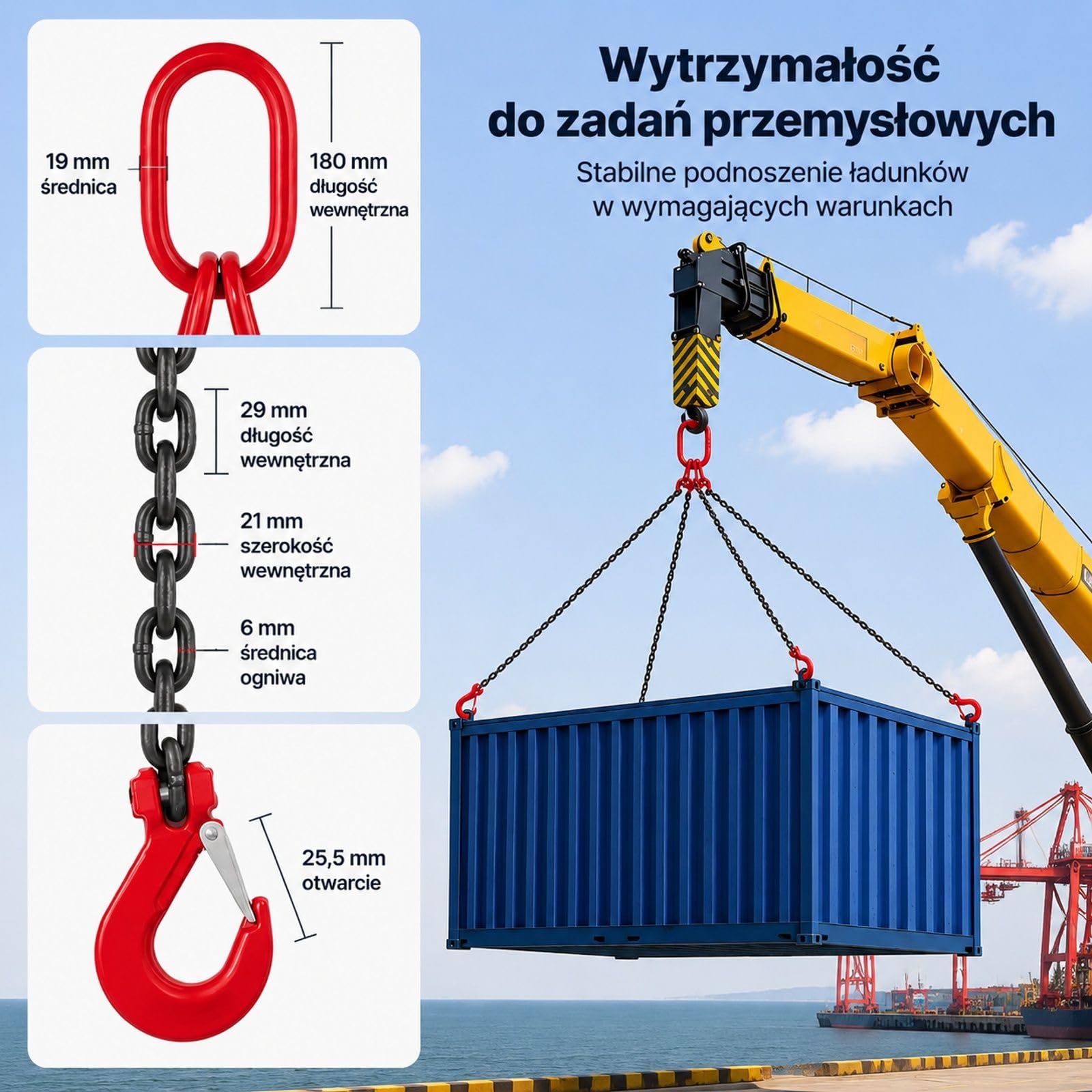 Zawiesie łańcuchowe z 4 hakami, stal stopowa, akcesorium do wciągnika, mocowania ładunku i holowania