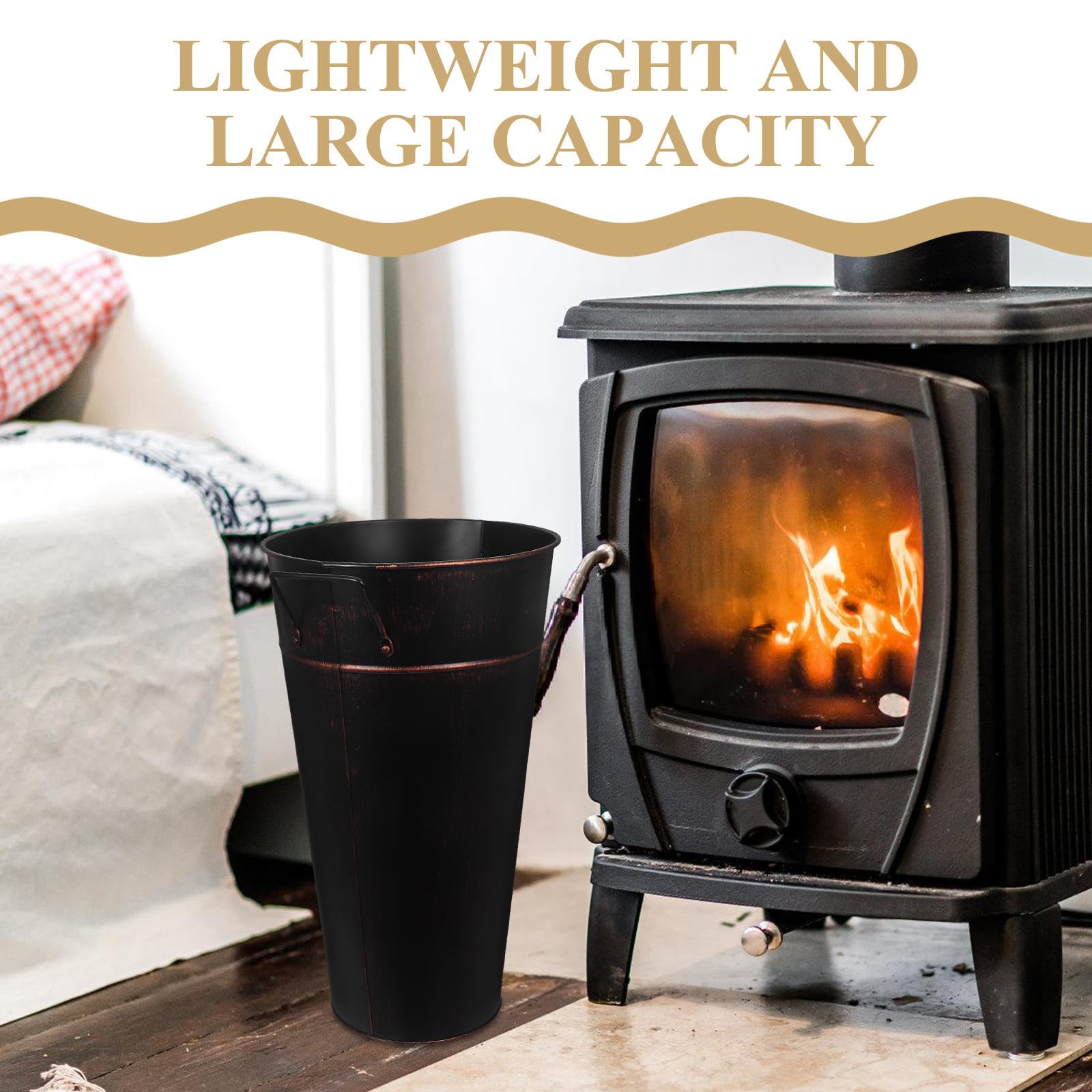 DOITOOL Leñero de Metal con Asa para Chimenea, Cubo Alto con Gran Capacidad, Organizador Decorativo y Portátil para Leña en Interiores y Exteriores