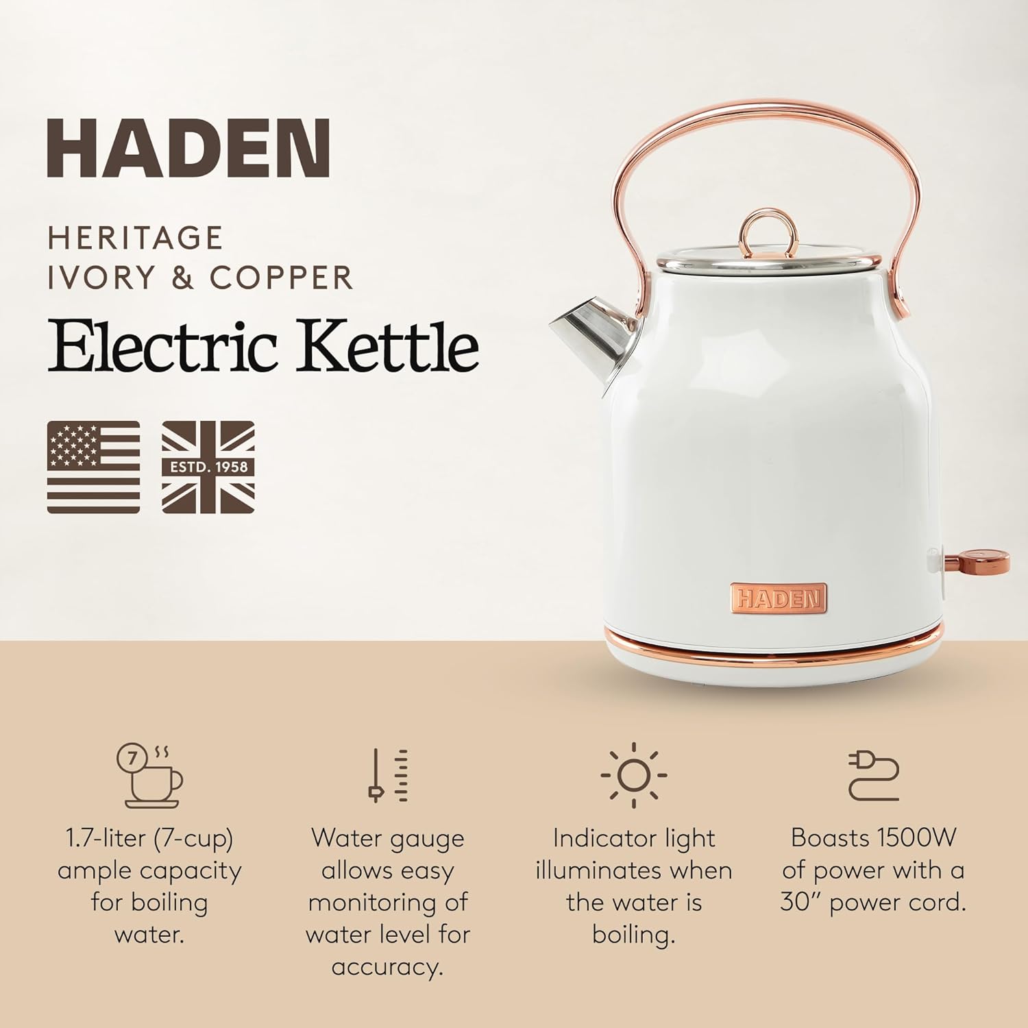 Haden Heritage 1.7 Liter Stainless Steel Electric Kettle, Hot Water Kettle with 360-Degree Base and Auto Shutoff, Ivory & Copper