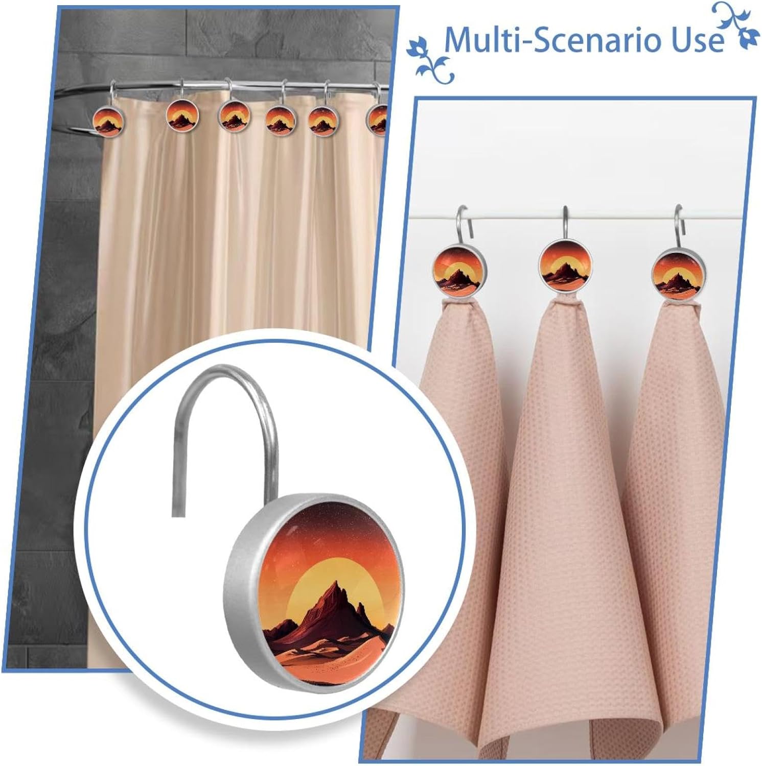 Set of 12 Desert Mountain with Sunrise (2) Shower Curtain Hooks Rings, Double Glide Shower Hooks for Bathroom Shower Rods Curtains