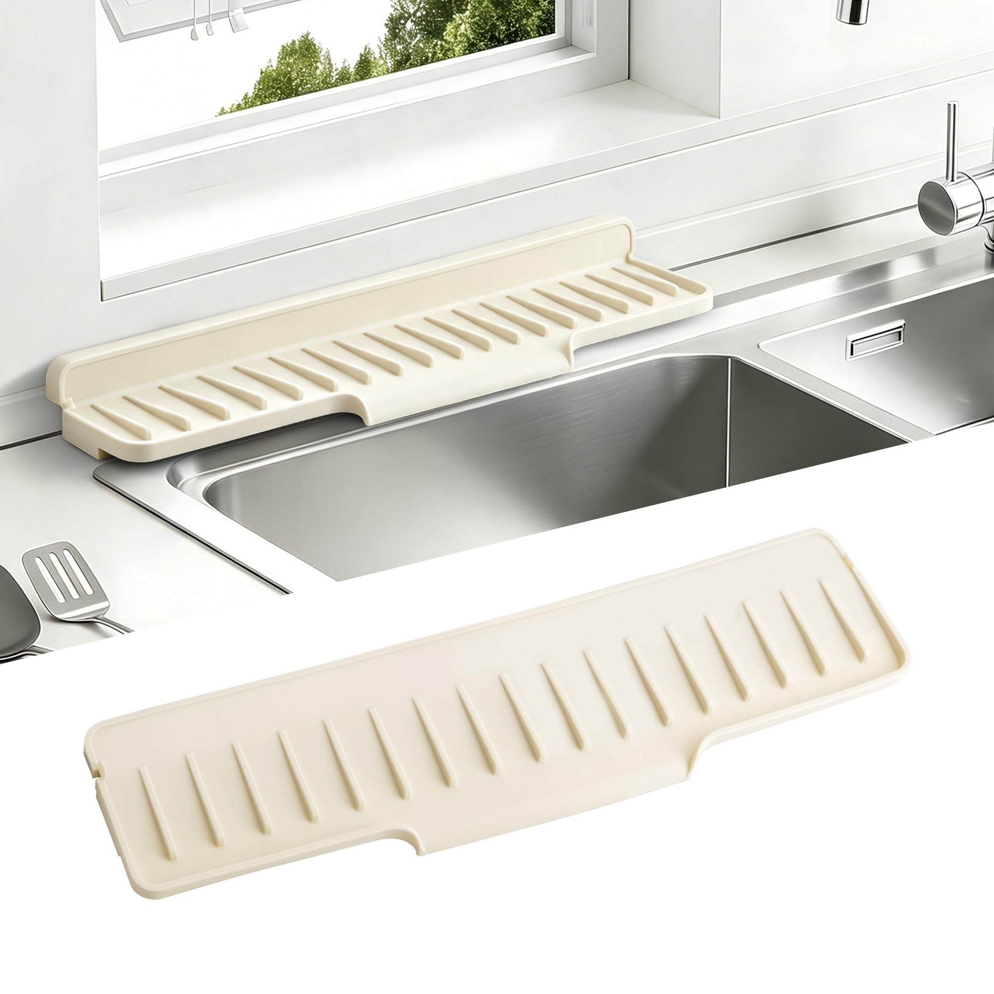 Volminex Silicone Sink Faucet Mat, Kitchen Splash Guard, White, 35×6cm