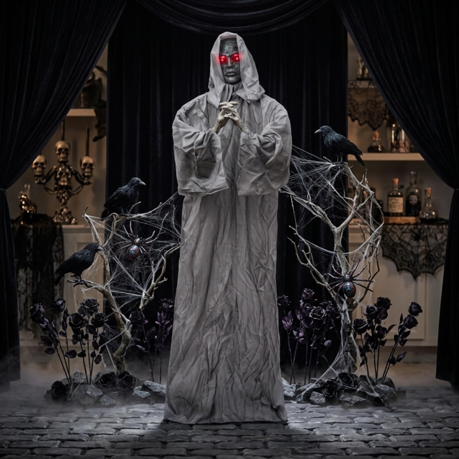 de con Capucha Figura Decorativa de Festival Estatua de Halloween Adorno con Material de Plástico y Tela Activación por Sonido y Temblores Adecuado para Fiestas Entradas Interiores