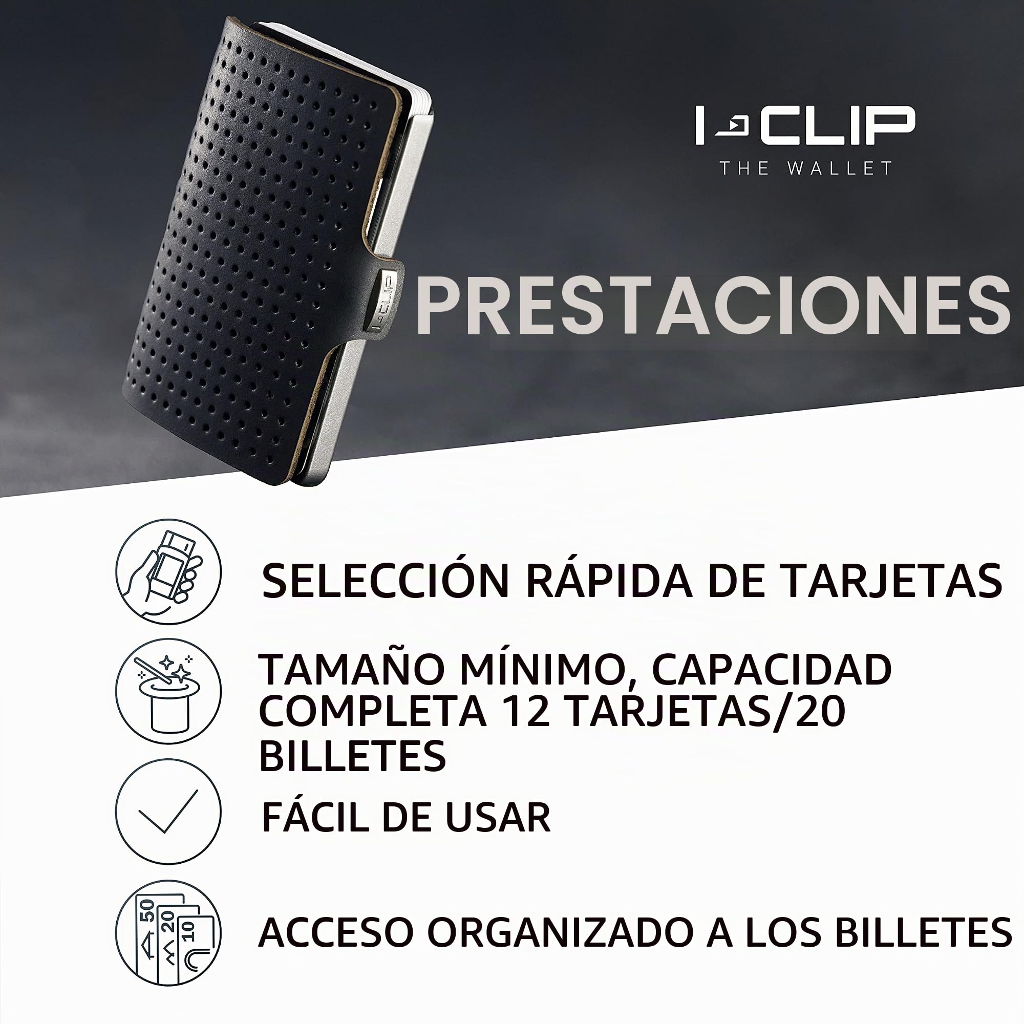 I-CLIP Original Mini - Cartera con Clip para Dinero - Diseño Delgado de Cuero Premium - Tarjetero - AdvantageR Plata Negro