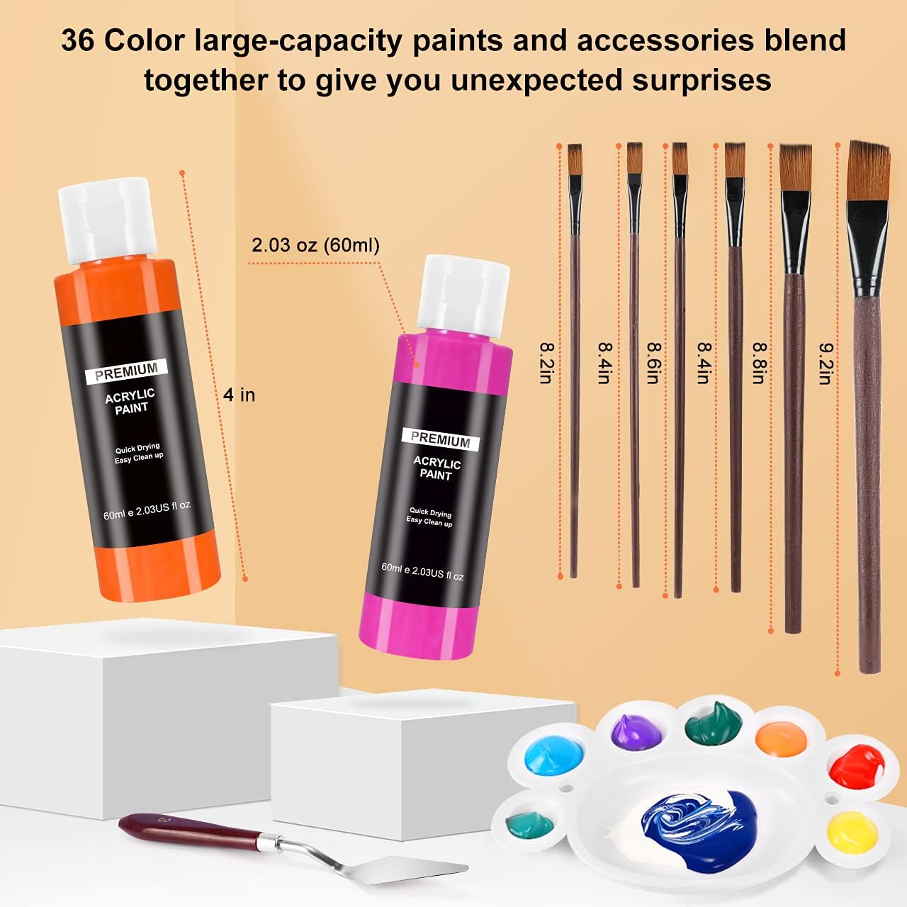 Acrylic Paint Set, 2oz Bottles, Emooqi 36 Pcs Professional & Vivid Painting Supplies Set, with 6 Brushes, Palette, Scraper, Paint for Canvas, Wood, and Stones, for Artists, Students and Kids. : Arts, Crafts & Sewing