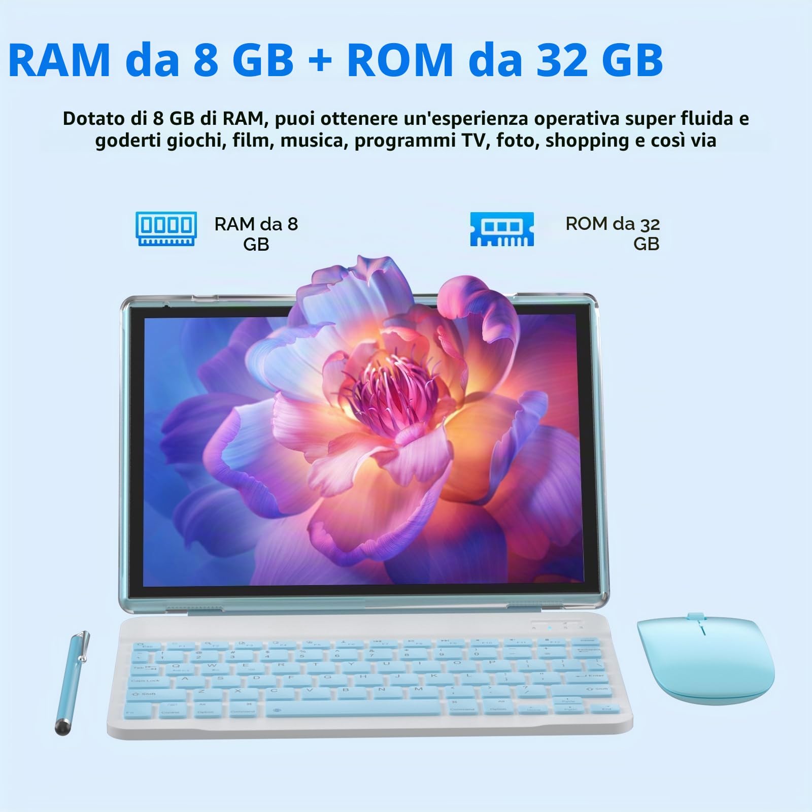 NOVOJOY 2 in 1 Tablet da 10 Pollici con Sistema Operativo Android 14, Tablet con Tastiera, Mouse, Custodia, Stilo, 64GB ROM+8GB RAM, Fotocamera Doppia 2MP+8MP, Processore Quad Core, Batteria da
