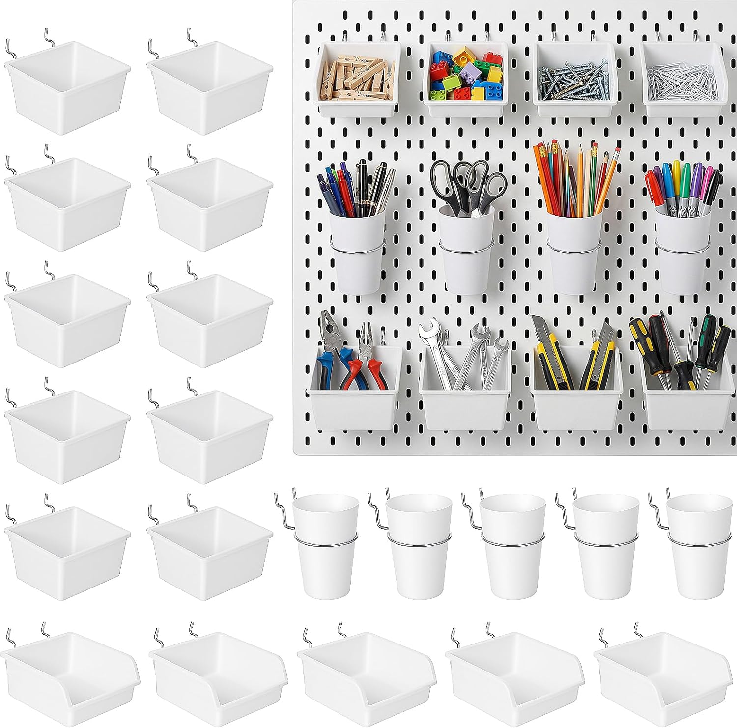 20 Pcs Pegboard Bins and Cups with Hooks, 3 Sizes Organizer Accessories for Garage Workshop Office Storage, White