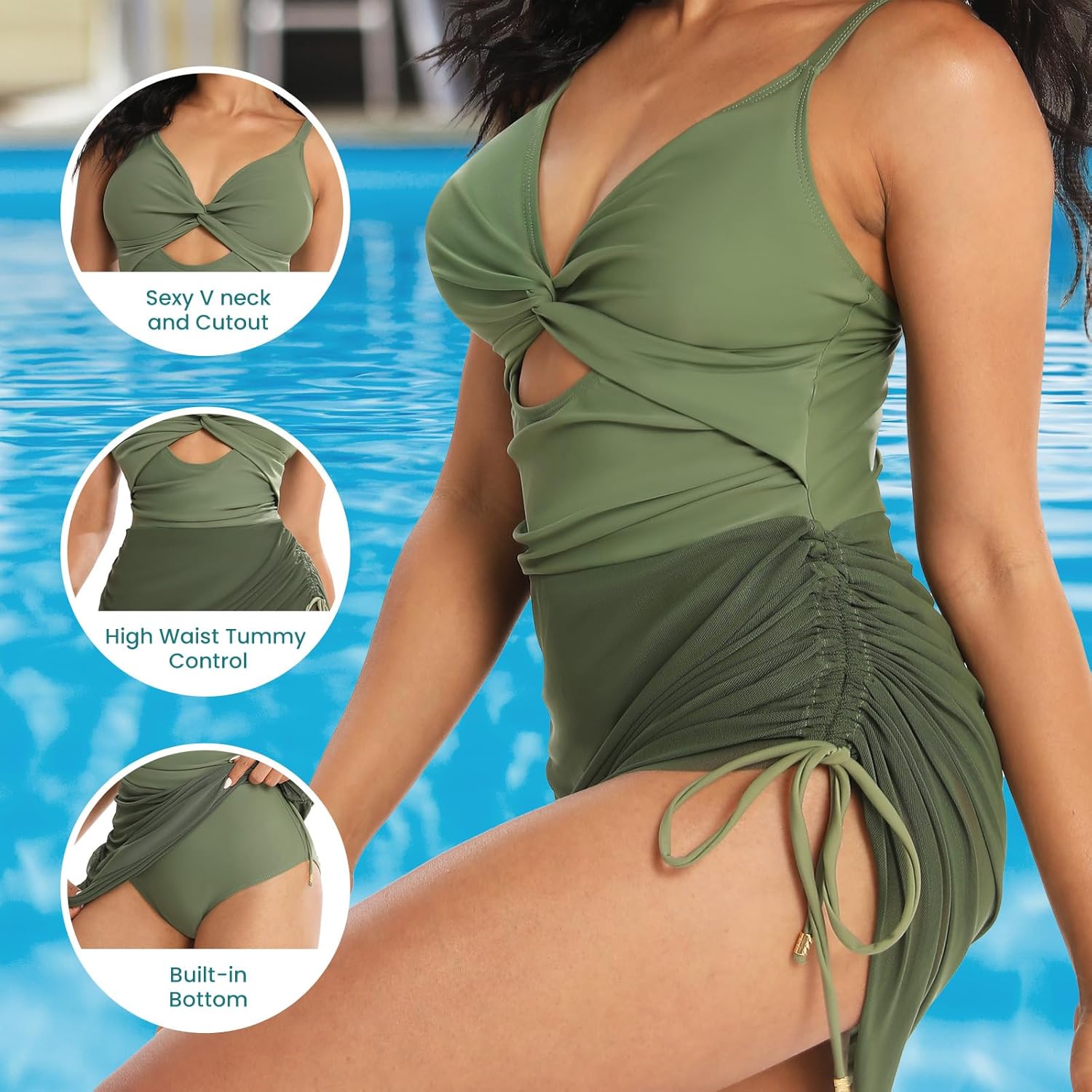 Women's One Piece Swimsuit Tummy Control Swim Dress V Neck Cutout Bathing Suits Wrap Drawstring Sarong Swimwear - Image 2
