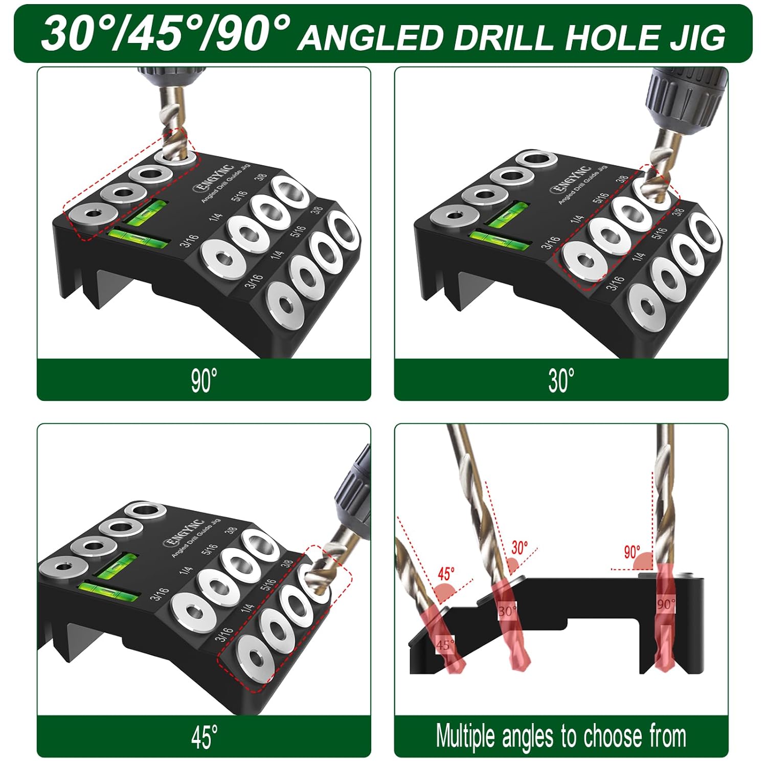 30 45 90 Degree Angled Drill Guide Jig with 2 Torpedo Level, 4 Sizes Portable Drilling Hole Guide Jig for Straight and Angle Stairs Handrail, Cable Railing, Deck, Wood Post Level Design