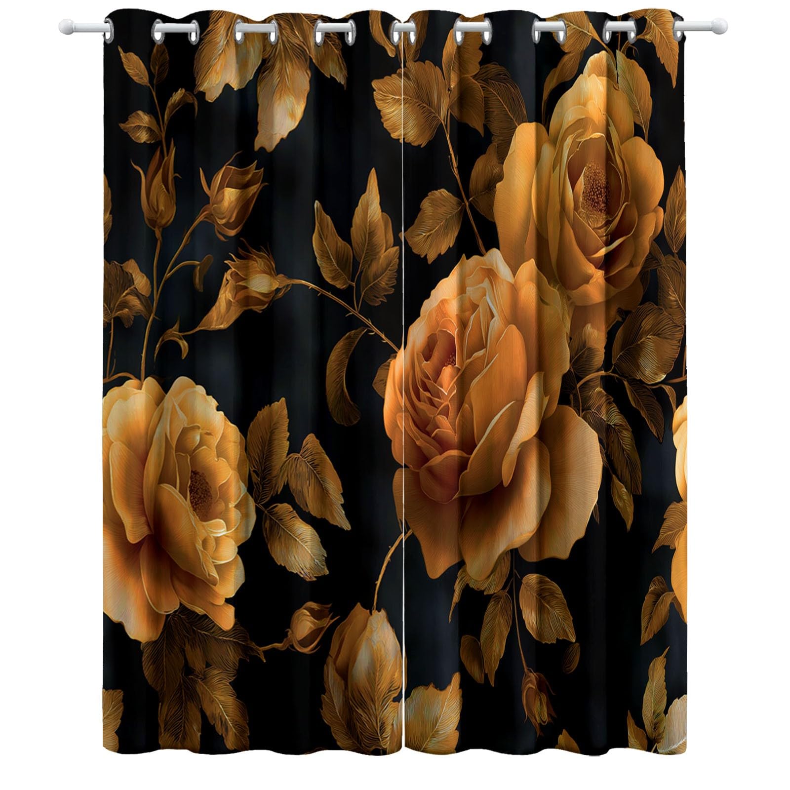 Zasłona zaciemniająca do pokoju dziecięcego, sypialni, salonu, 110 x 215 cm (szer. x wys.), zasłona termiczna dla chłopców, vintage, sztuczne róże, liście, czarna, nieprzejrzysta, zasłona na