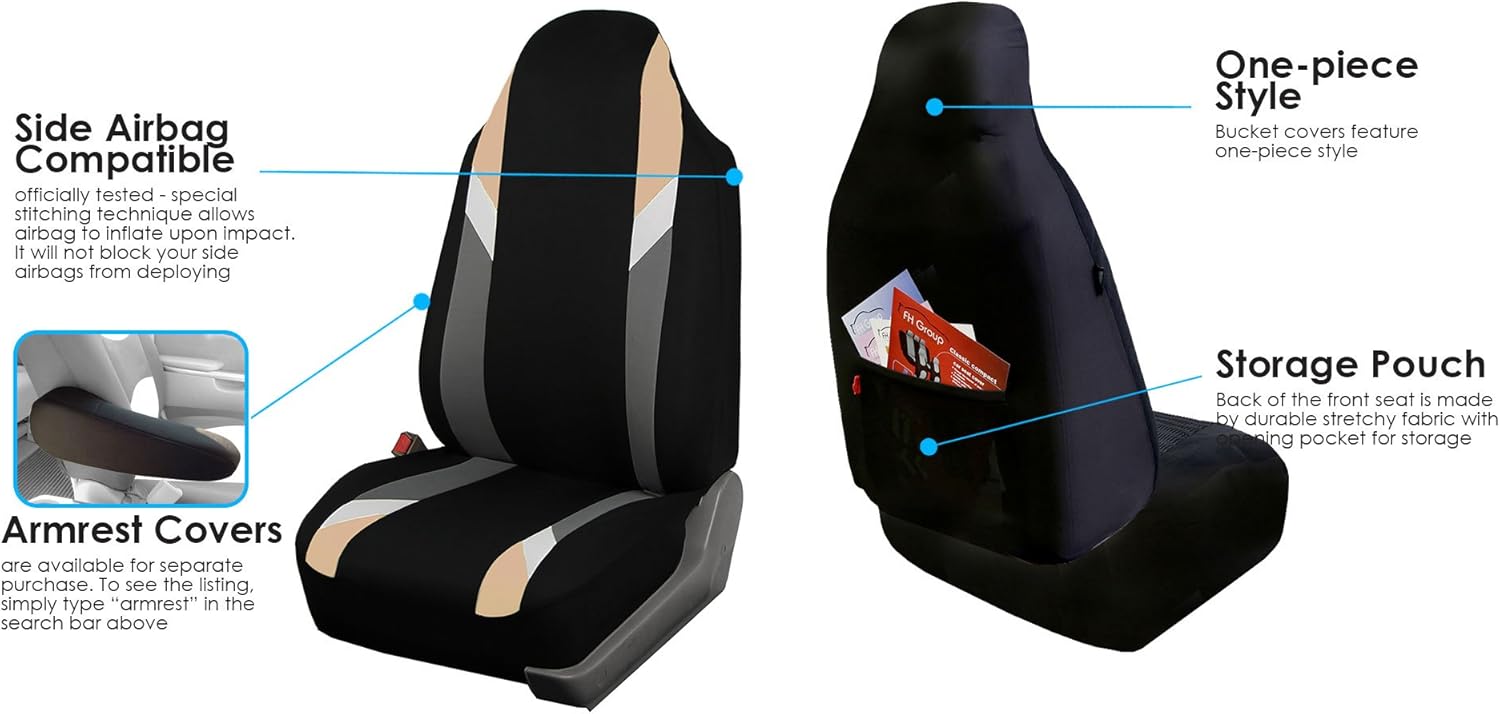 FH Group Premium Modernistic Seat Covers Pair Set, Airbag Compatible-Universal Fit for Cars Trucks and SUVs (Beige)