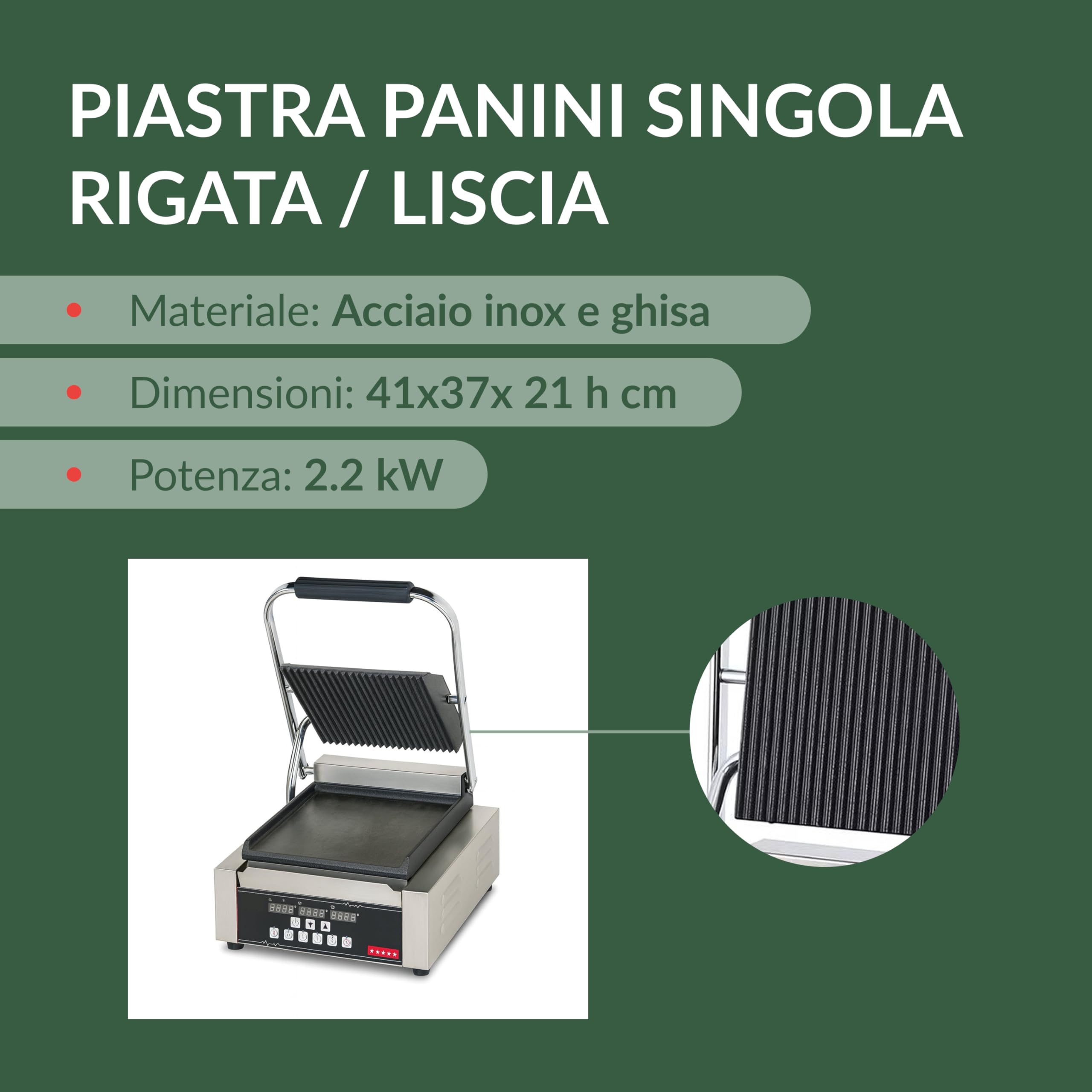 Ristoattrezzature - Piastra Panini Elettrica Singola - Rigata/Liscia - Griglia Professionale per Ristoranti e Bar - 41x37x21 cm - 2.2 kw