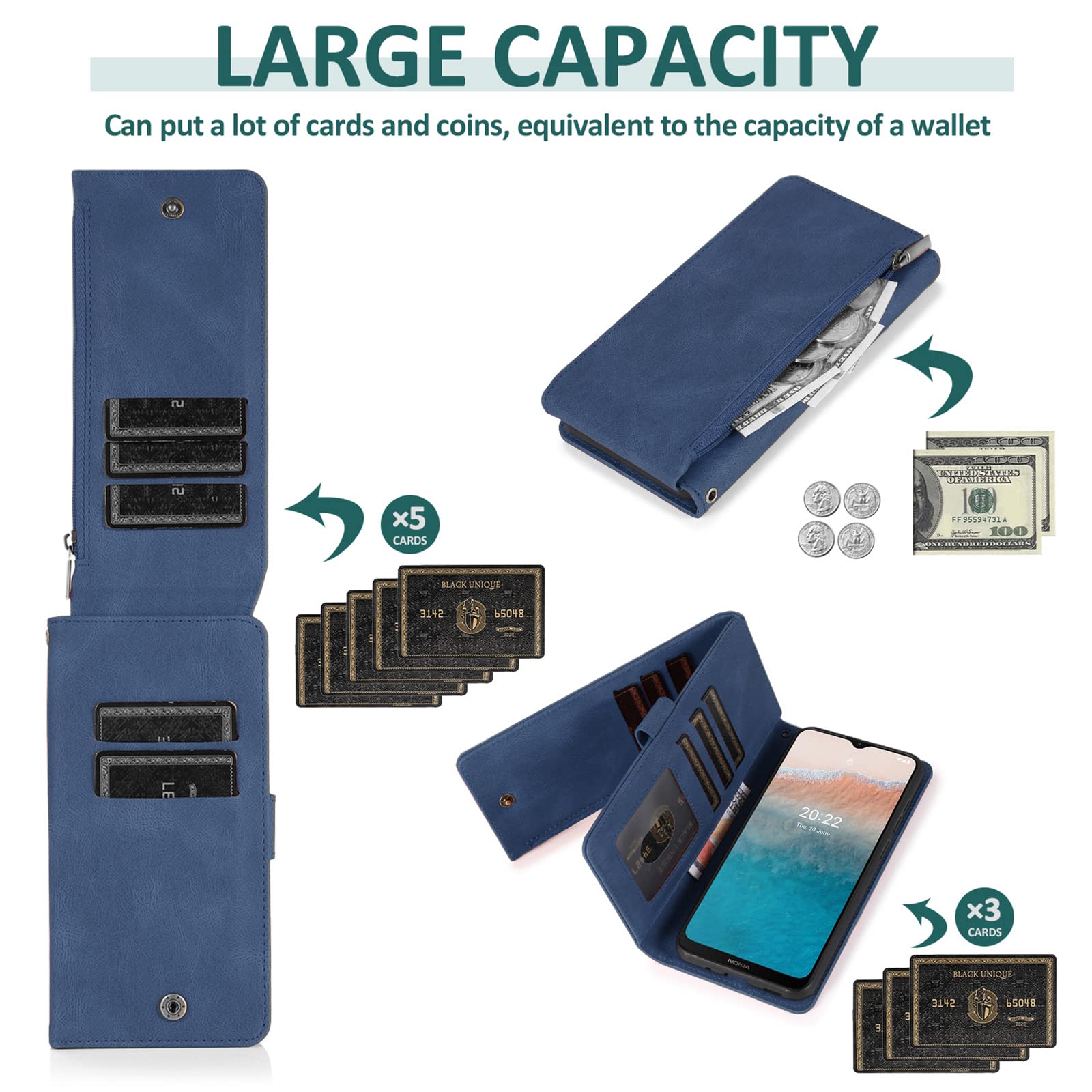 Custodia A Portafoglio Per Nokia C21 Plus Con Vetro Temperato – Pelle PU Con 3 Slot Carte E Supporto Magnetico – Oro - 3