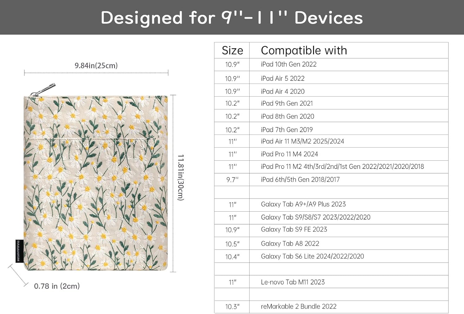 Dadanism 9-11 Inch Embroidered Daisy Padded Carrying Case Protective Tablet Sleeve for iPad A16 11th Gen 11"/10th Gen 10.9", iPad Air 11"/Pro 11"/Air 5th 4th 10.9", Galaxy Tab A9+ Plus 11", Beige - Image 2