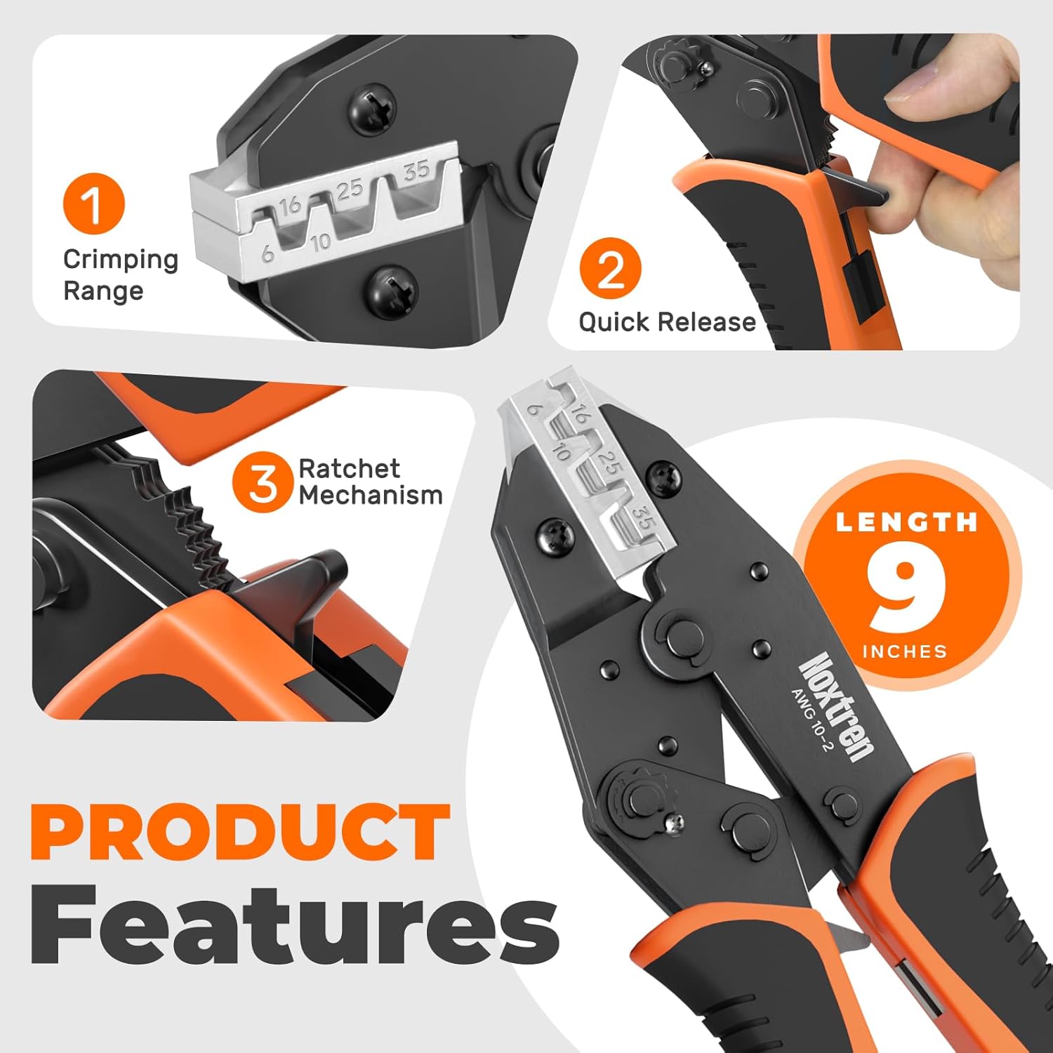 Crimping Tool for Sleeves Ferrule Terminals and Pin Cord End - AWG 10-2 Ratcheting Wire Crimper Tool - Ratchet Wire Terminal Crimping Pliers, for Larger Diameter Ferrules Connectors