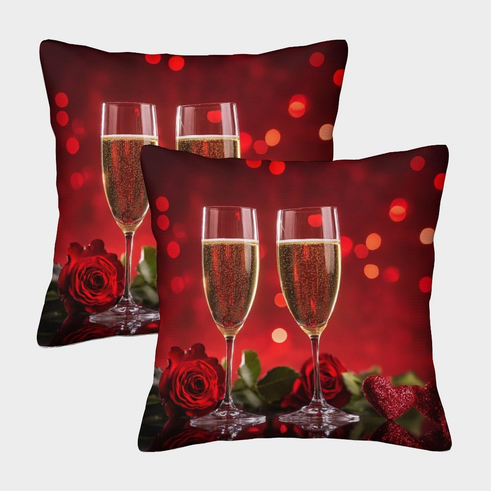 kaiyun 2 Pack Champagne Glasses Pillow Case Home Decoration Sofa Rose And Heart Cushion Cover 45x45cm