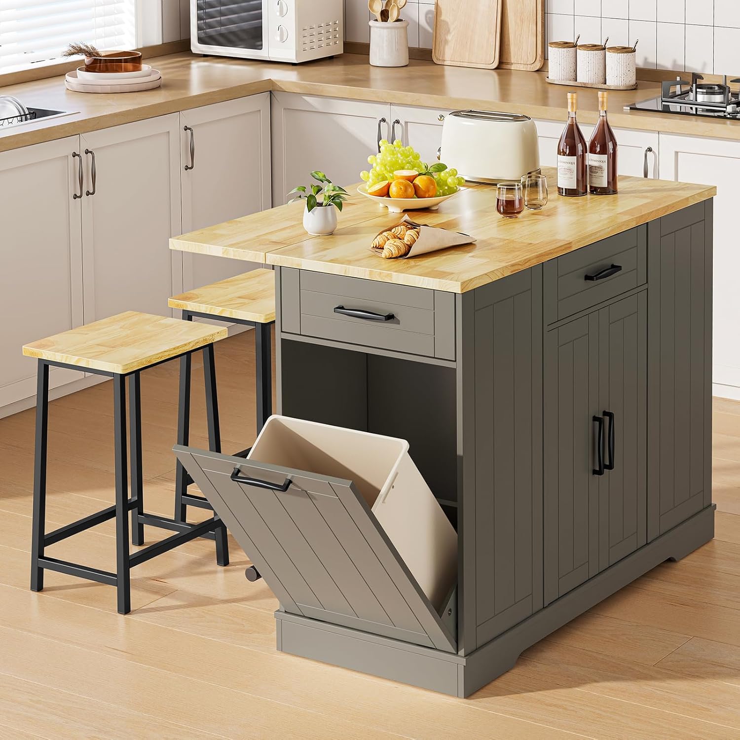 ONBRILL Stationary Kitchen Islands Include 2 Chairs, 47" Kitchen Island with Drop Leaf, Home Bar Table with Spice Rack & with Trash Cabinet, Island Table for Dining Room with Power Outlet, Grey