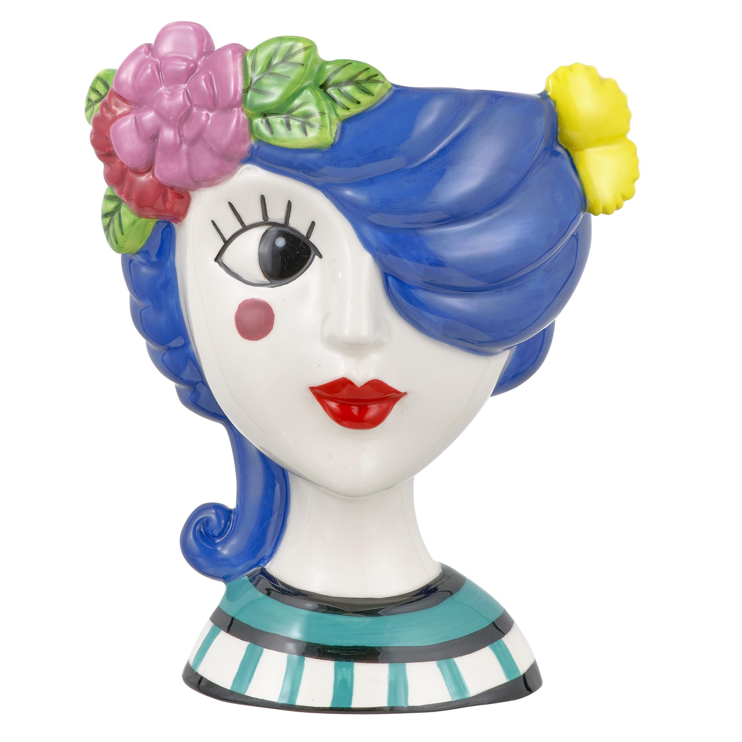 Baroni Home Jarrón de Cerámica con Cara, Diseño Moderno Pintado a Mano, Jarrón para Plantas de Interior o Exterior, Jarrón Decorativo, 14x12x18 cm (Iris, Grande)